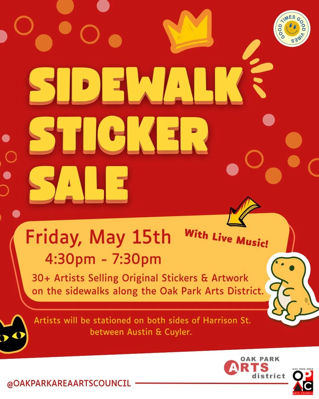 Calling all STICKER LOVERS!!

Our Sidewalk Sticker Sale Event is back for a second year!! In partnership with @theoakparkartsdistrict, we'll be putting 30+ artists along the sidewalk on Harrison Street.

A perfect chance for families to explore the a
