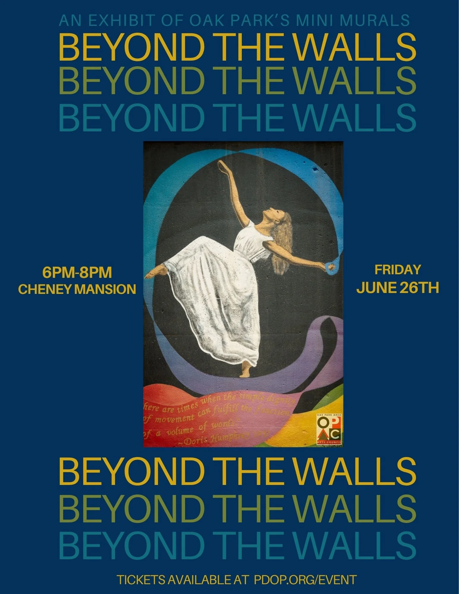 The Oak Park Area Arts Council's "Beyond the Walls" Exhibit is back for a second year!! 

Join the Oak Park Area Arts Council and the Park District of Oak Park for an exclusive evening at Cheney Mansion focused on Oak Park's Mini Murals and