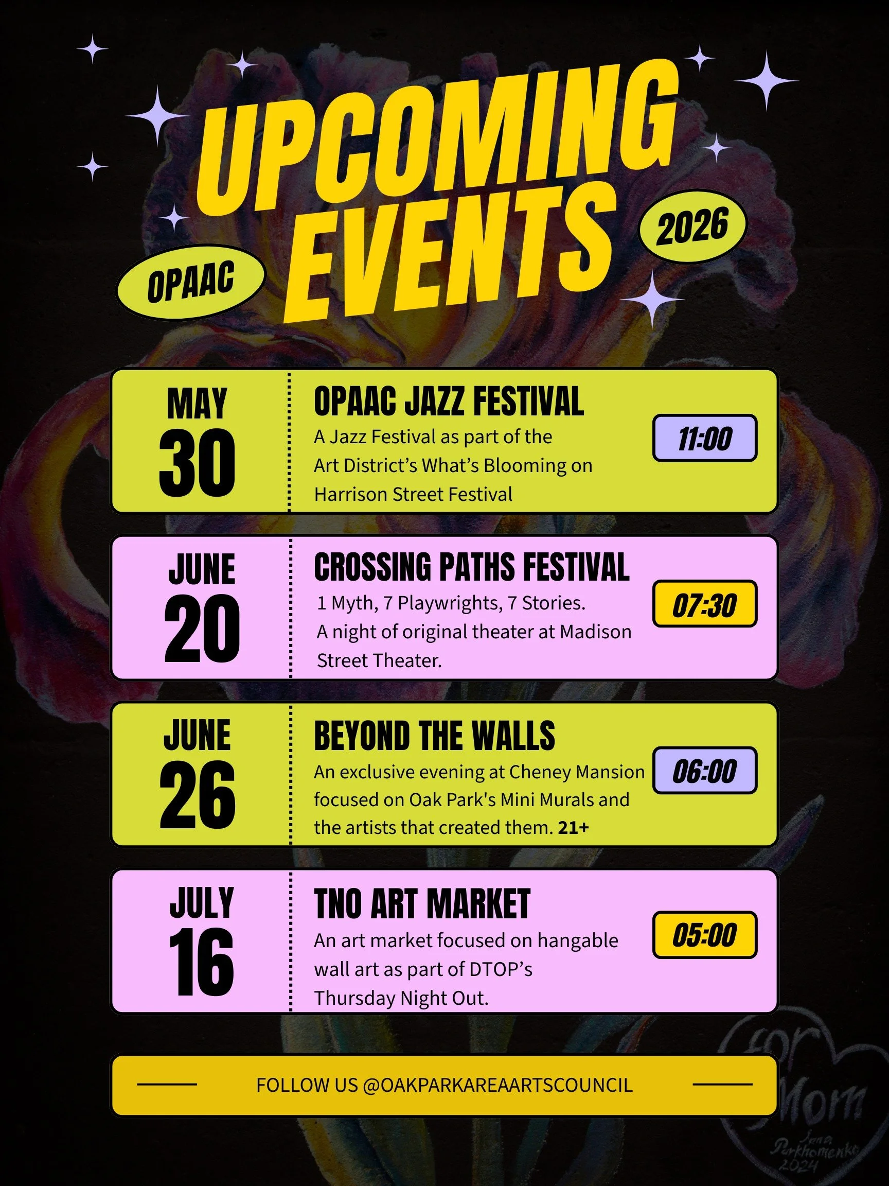 There are some amazing events coming up and we want to make sure you know about them! BUY YOUR TICKETS TODAY so you won't miss out!!!

May 30th- OPAAC Jazz Festival 
Free as part of What's Blooming

June 20th- Crossing Paths Festival
Pay What You Wil