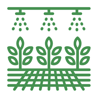 Garden with three sprinkler heads watering plants with green leaves, and a checkered ground surface.