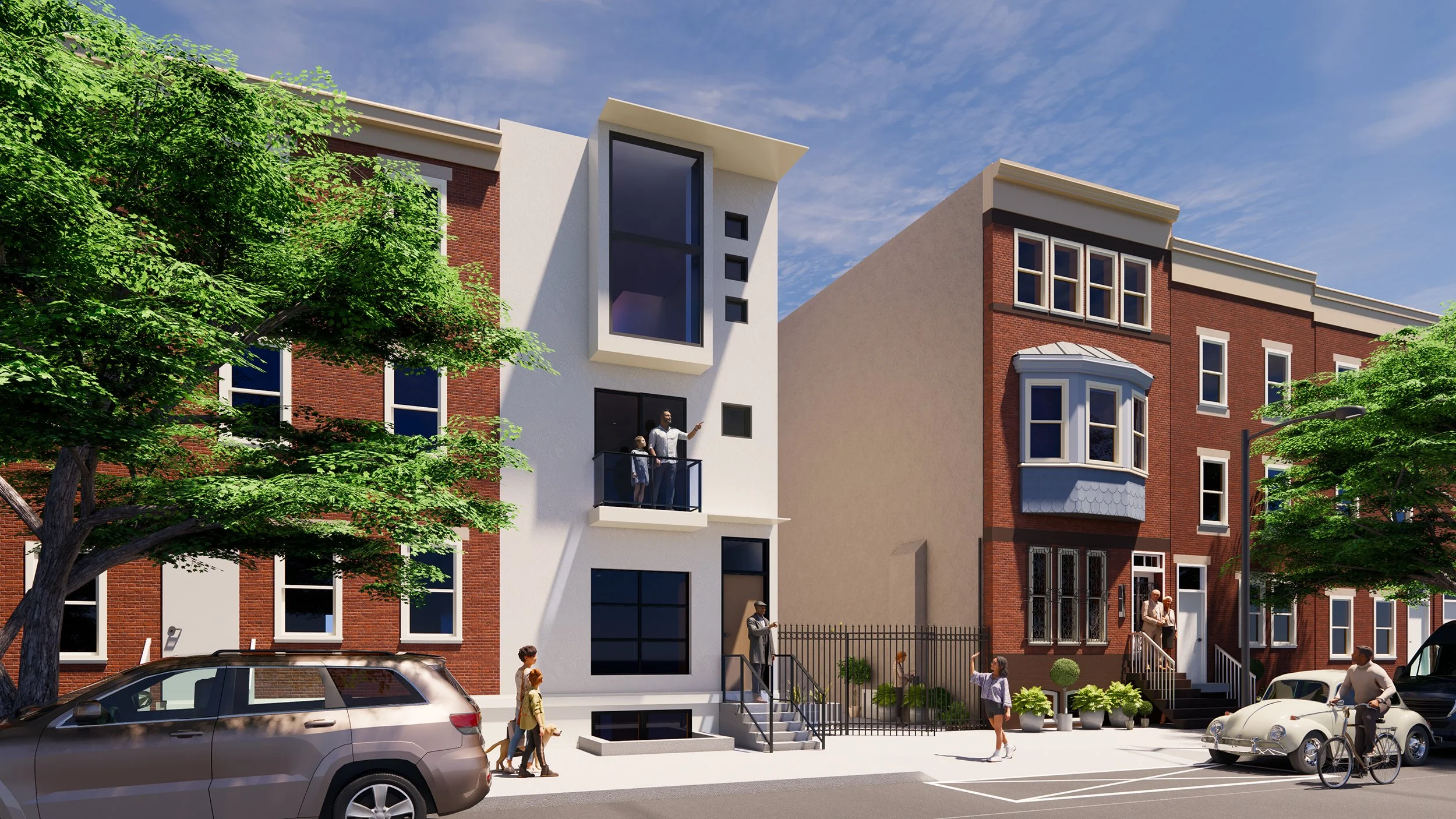 Street‑level view of a contemporary white stucco rowhouse with large windows and a projecting bay, set between two traditional brick rowhouses, with people walking, cycling, and standing on the sidewalk