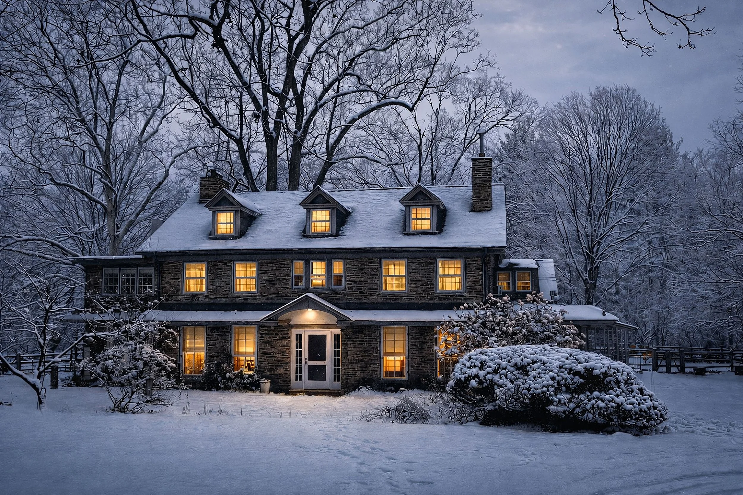 Historic two‑story stone house with dormer windows, chimneys, and a snow‑covered roof, surrounded by trees in a winter setting in Awbury Arboretum.