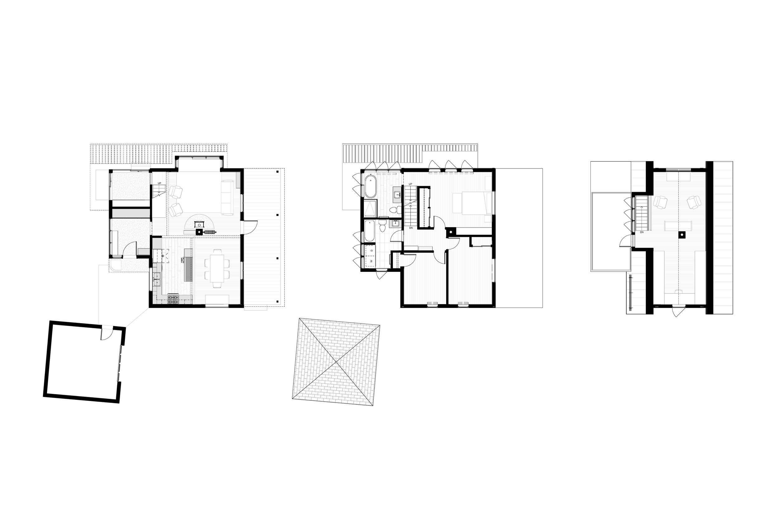 Stylized floor plans for a small single‑family residence showing the ground floor, second floor, and upper‑level layout.