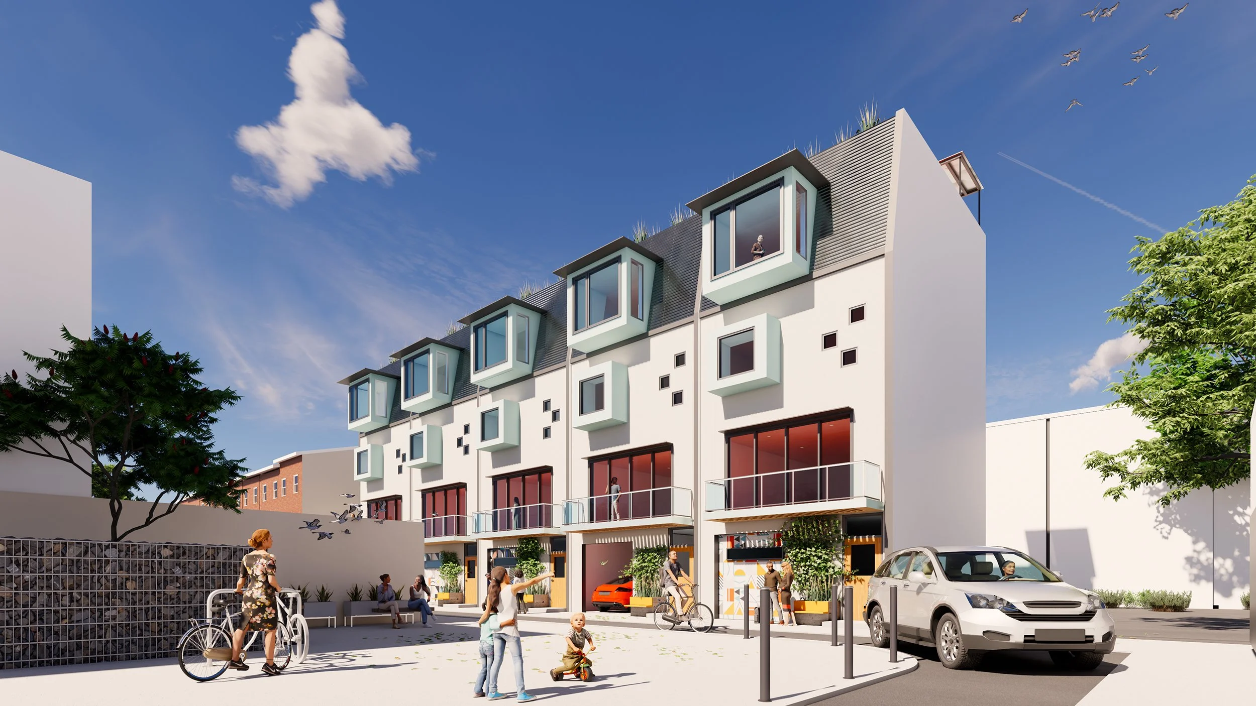 A contemporary Philadelphia rowhouse development defined by a dynamic façade featuring bold projecting window boxes, glass railed balconies, a reimagined mansard roof, and ground level parking bays, all engaging an active, pedestrian friendly streets