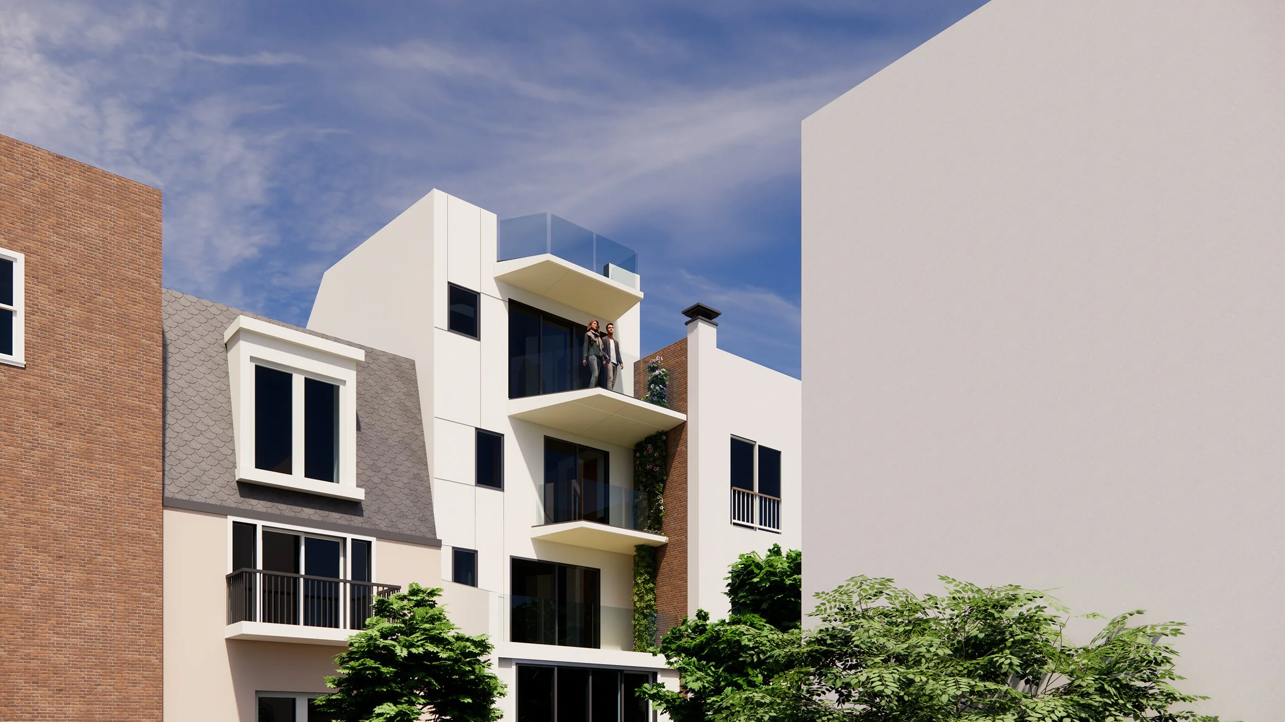 Rear view of a contemporary multi‑story addition with angled cantilevered decks and glass railings, set between two older buildings with trees in the foreground.