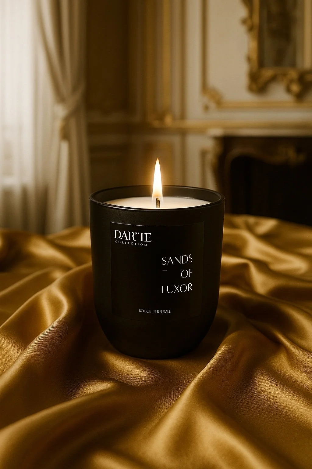 A lit black candle on a satin gold fabric in an ornate, classical interior with gold-trimmed walls and curtains.