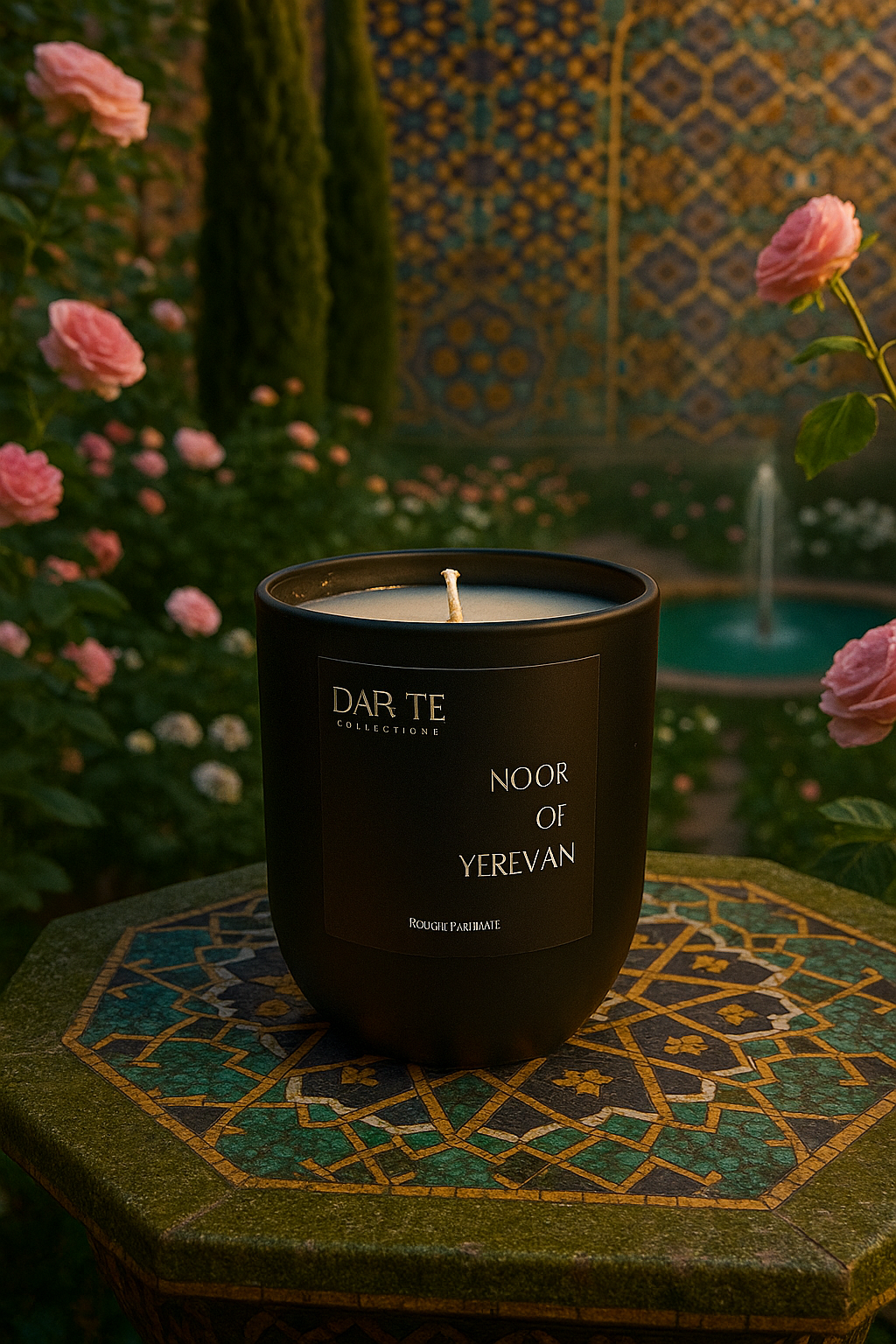 A black candle labeled 'NOOR OF YEREVAN' on a decorative table surrounded by pink roses with a fountain and patterned tile wall in the background.
