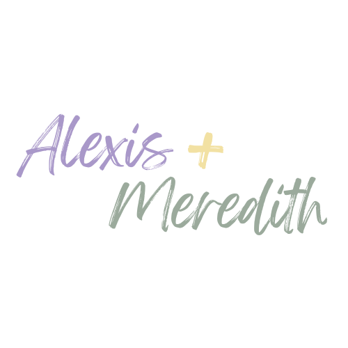 Colorful handwritten-style text reading 'Alexis + Meredith' on a black background.
