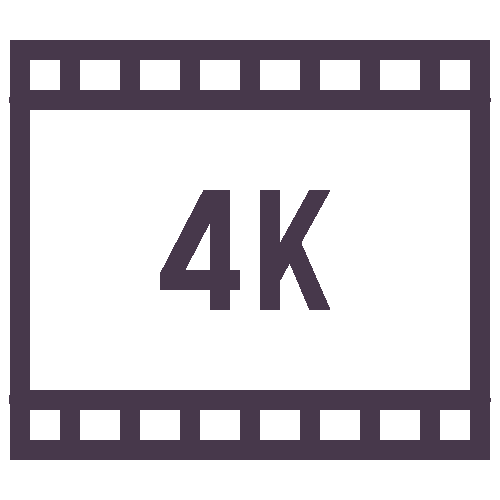 Film strip icon with 4K in the centre, representing high-quality video content available in every subscription.
