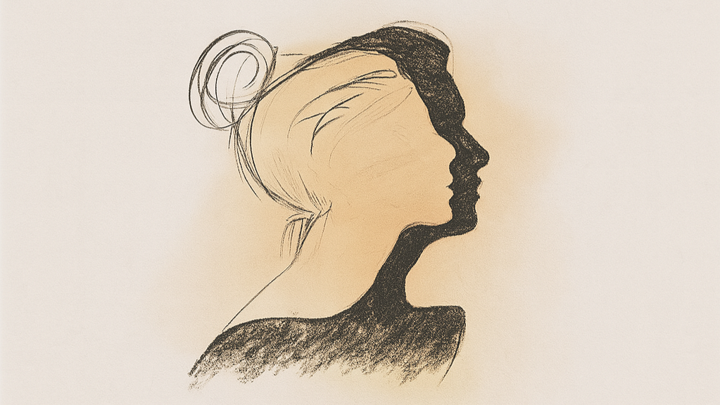 A drawing of a woman's face in profile, with her hair styled in a bun, depicted using black and beige lines, with the silhouette of her face and neck distinct from the outline of her hair and shoulders.
