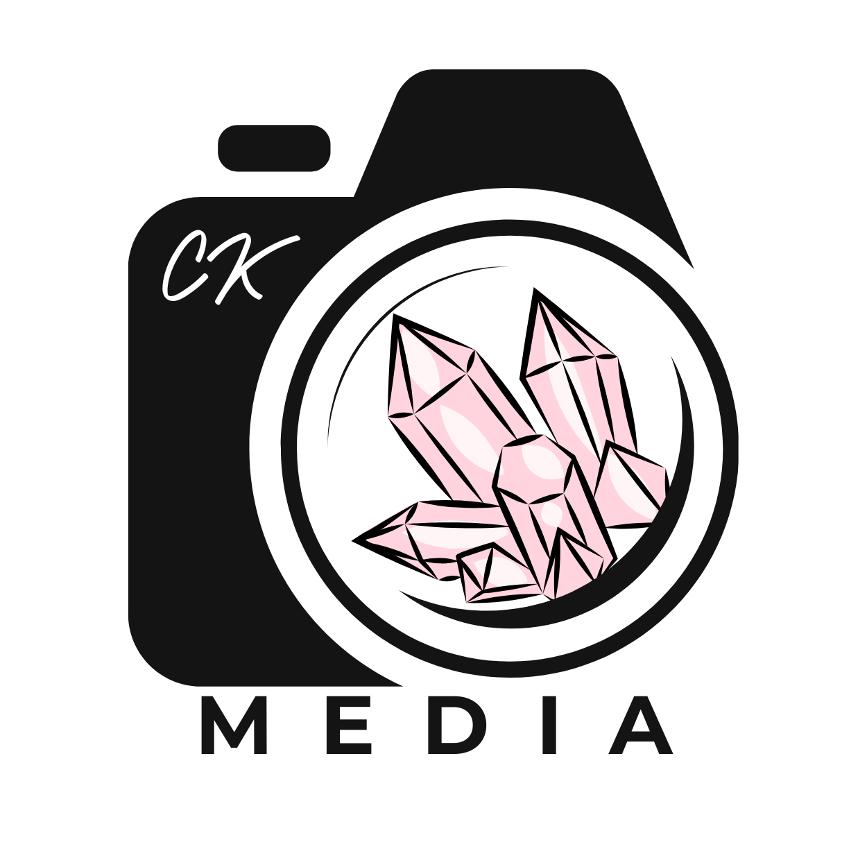 Illustration of a camera with the words 'CK MEDIA' and a cluster of pink crystals inside the lens.