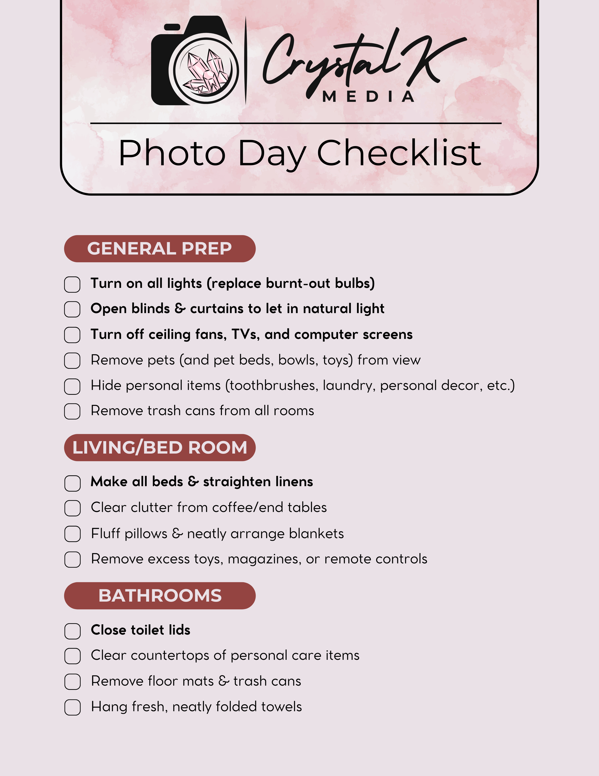 A photo checklist for preparing a home for photo day, with sections for general prep, living/bedroom, and bathroom tasks, each containing checkboxes for tasks like turning on lights, opening curtains, making beds, and cleaning.