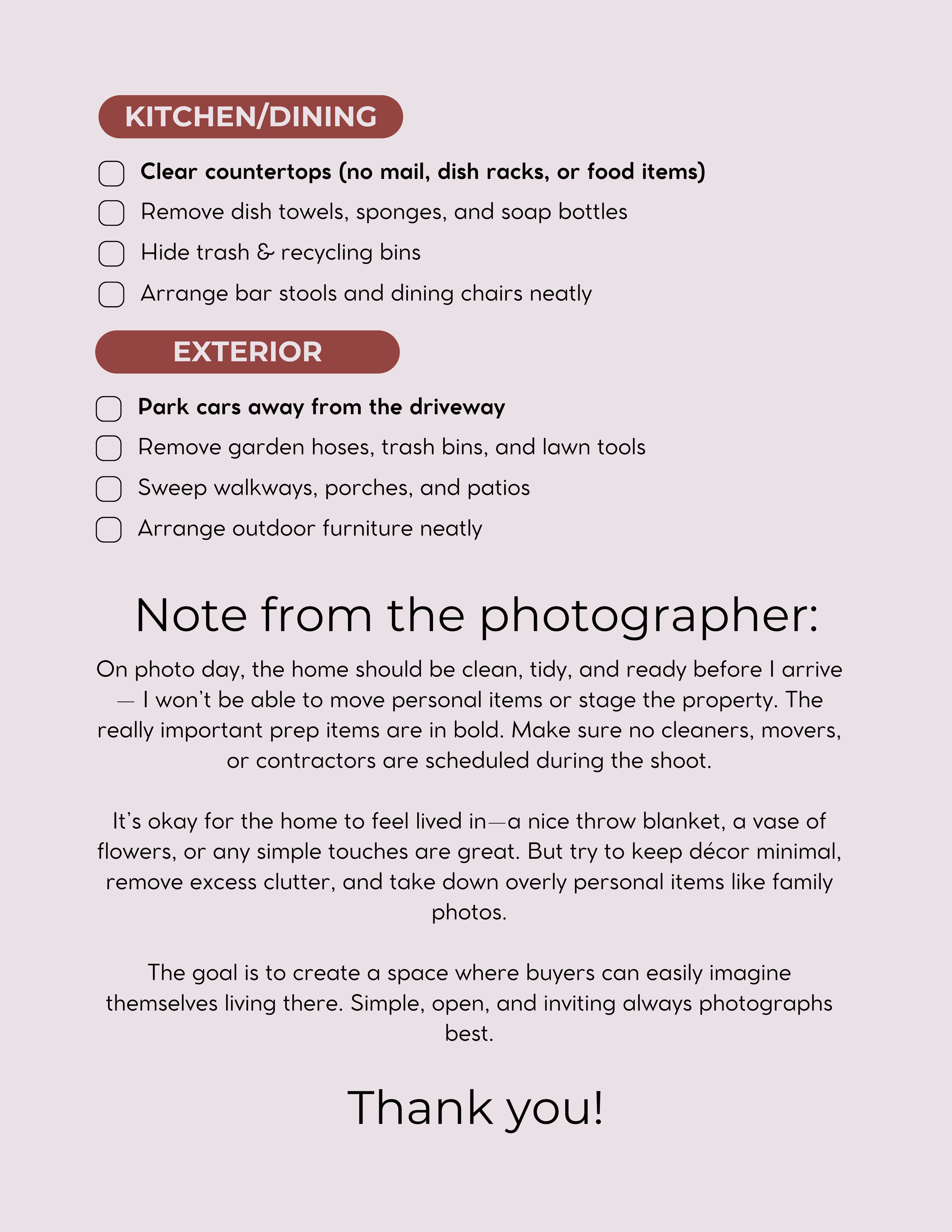 Home cleaning checklist on paper with sections for Kitchen/Dining and Exterior, including tasks like clearing countertops and parking cars away, and a note from the photographer with tips for home preparation for photo shoots.