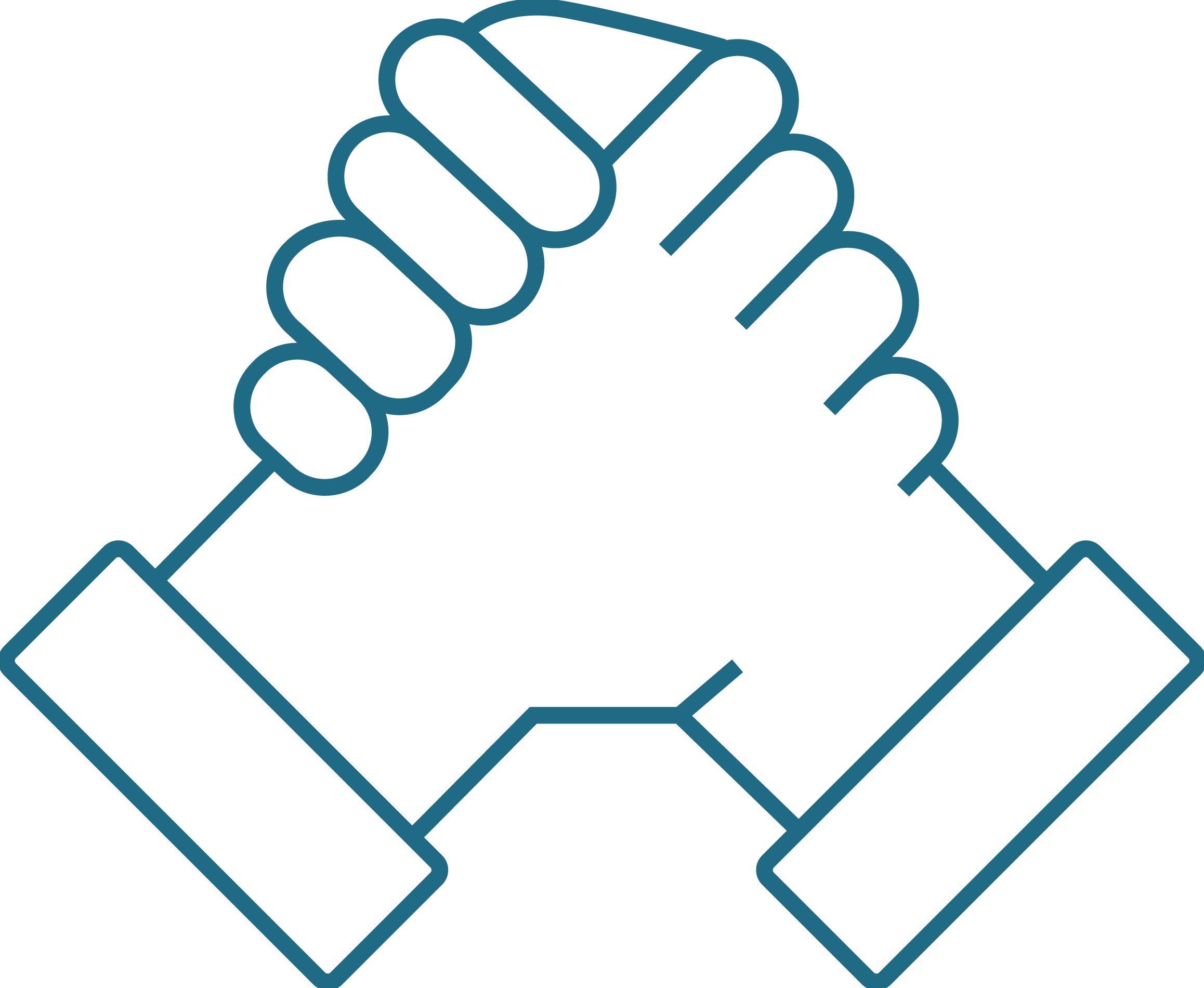Outline drawing of two hands shaking.