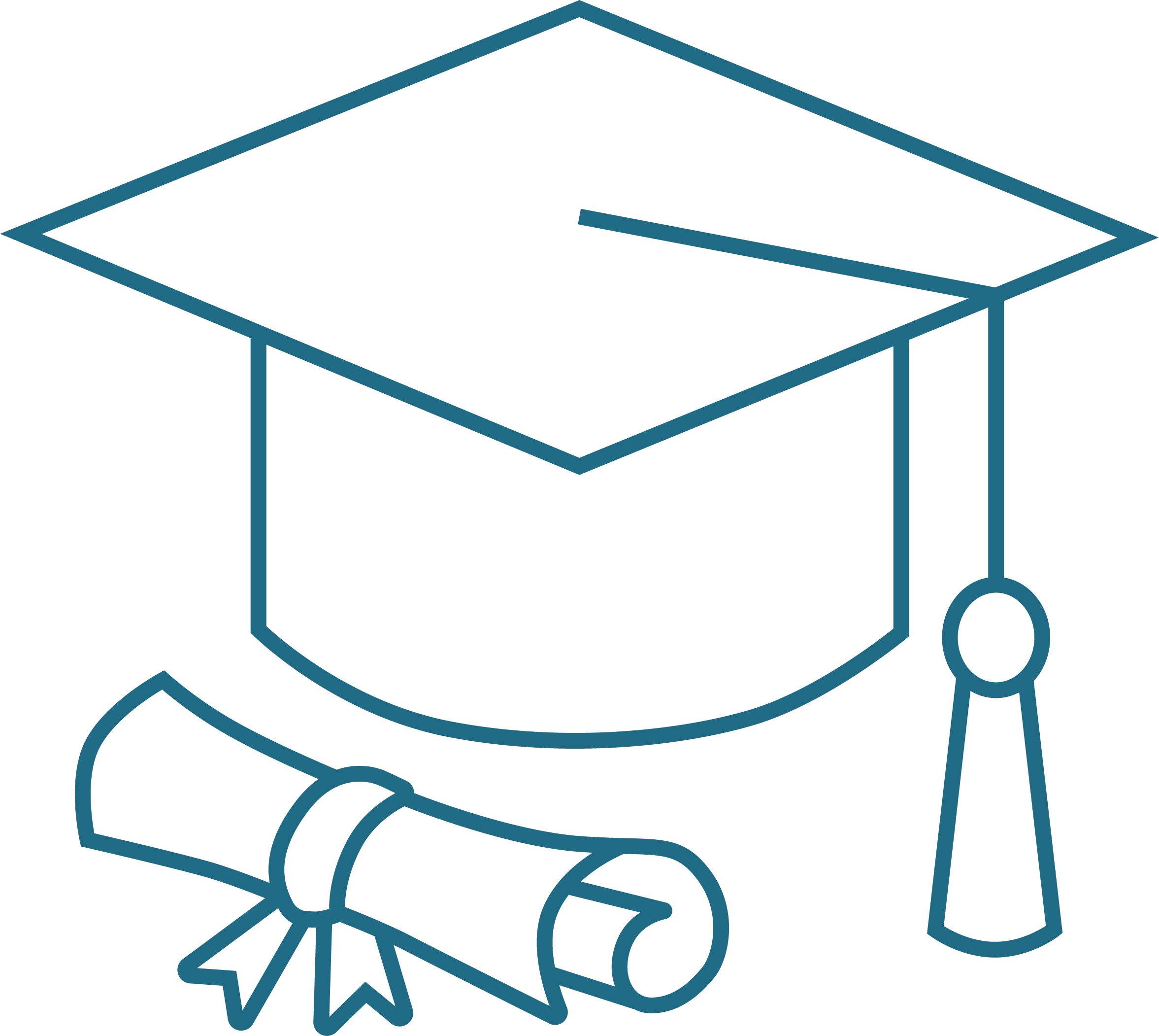 Outline of a graduation cap, diploma, and a medal.