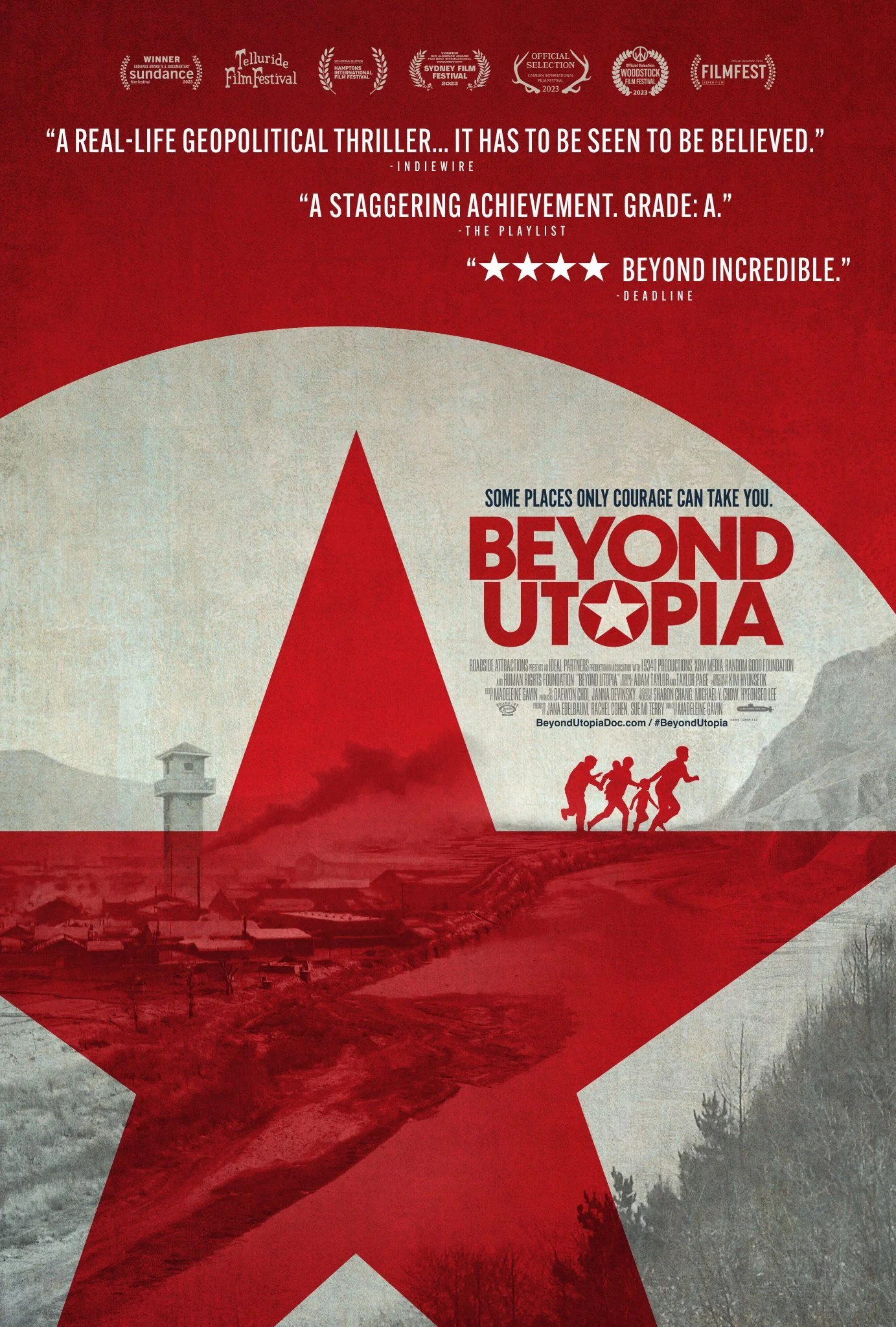 Movie poster for 'Beyond Utopia' featuring a red star shape with a landscape scene including a river, mountains, and a watchtower. Silhouettes of three people escaping, with praise quotes and various film festival laurels at the top.