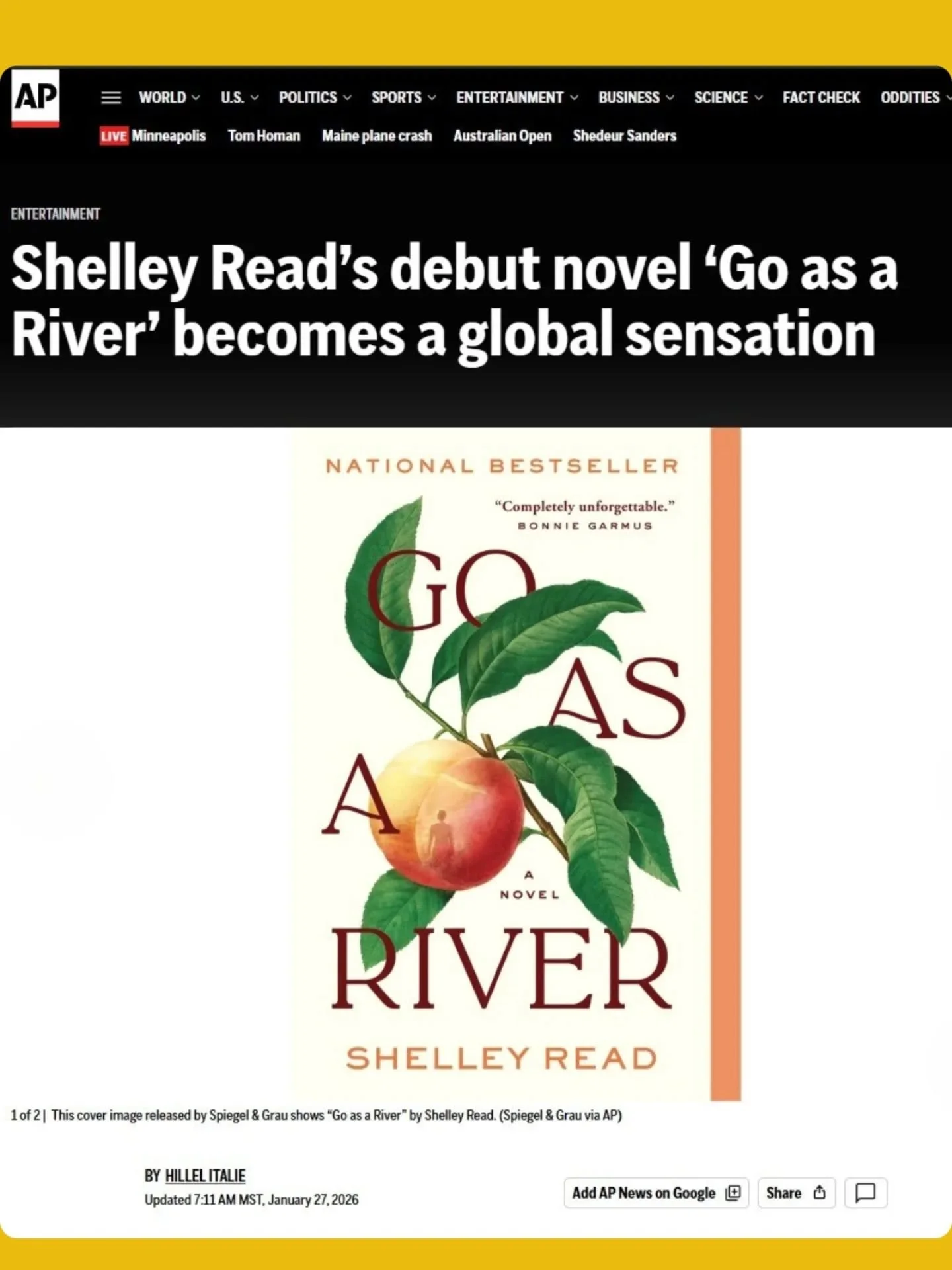 Congratulations, @shelleyread.author &amp; #GoAsARiver!!

"[Read's] novel has been a hit in the U.S. and well beyond, appearing on bestseller lists everywhere from North America to Scandinavia and selling more than 1 million copies. Mazur Kaplan