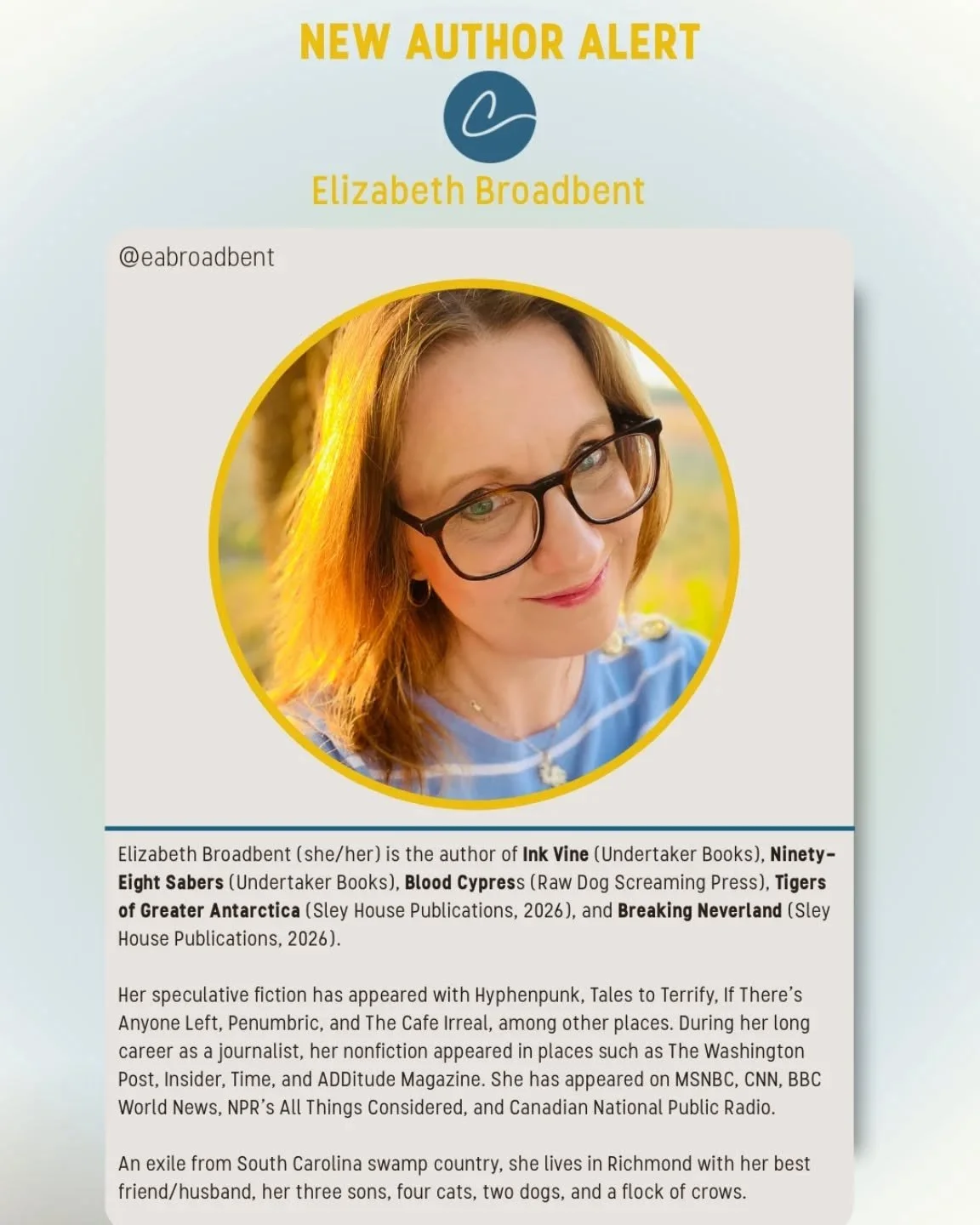 Warmest welcome to @eabroadbent, now repped by @elizcopps! 

Eliza's the type to invite you onto the porch, hand you a sweet tea, and dare you to look at what's lurking in the tree line. We can't wait to share what she has in store...
