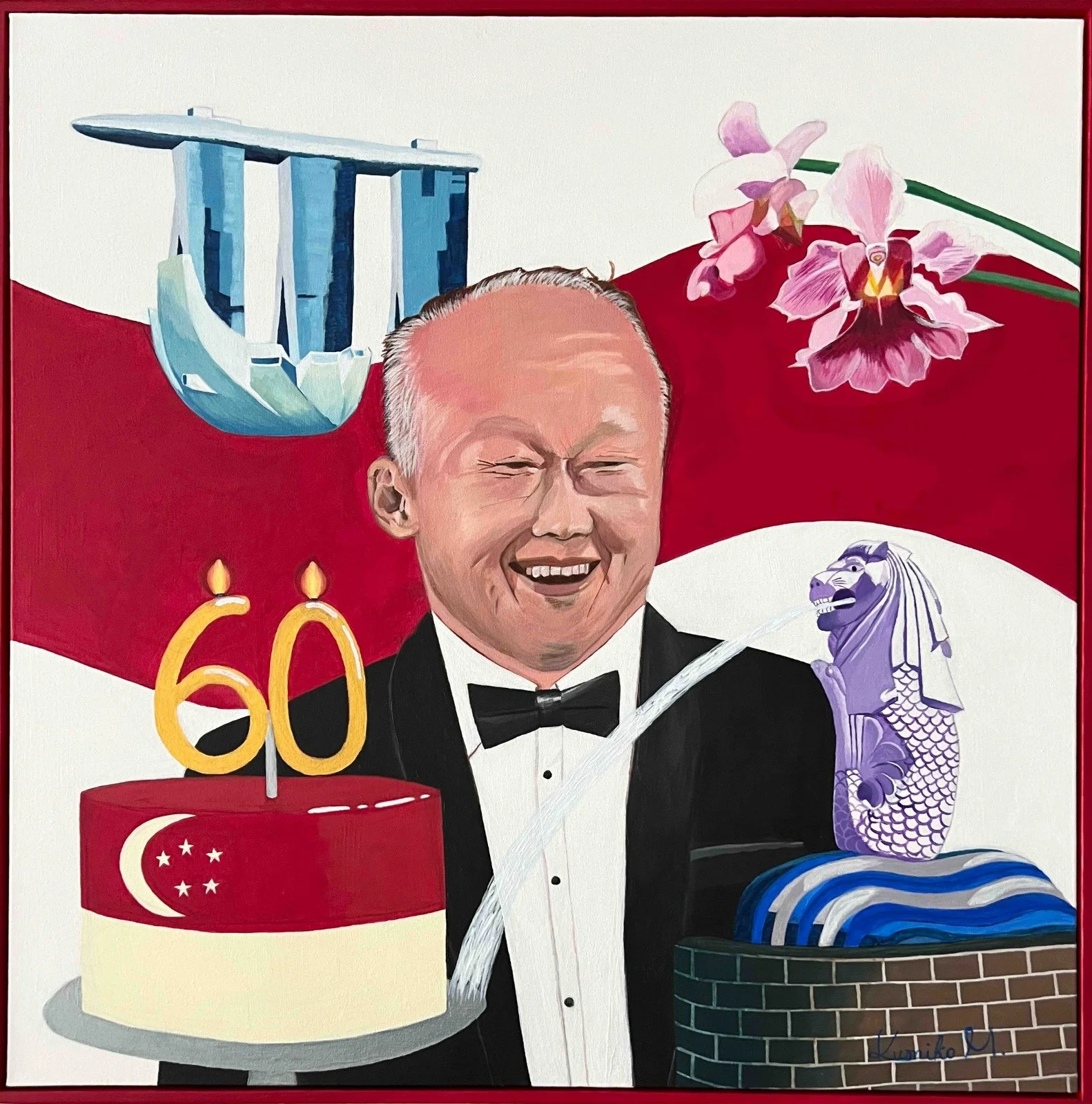 A realistic painting of Mr. Lee Kuan Yew with Marina Bay Sands, the ArtScience Museum, an orchid, and the Merlion. In front, a Singapore-flag cake with a “60” candle. The background is white with a red horizontal wave stripe.