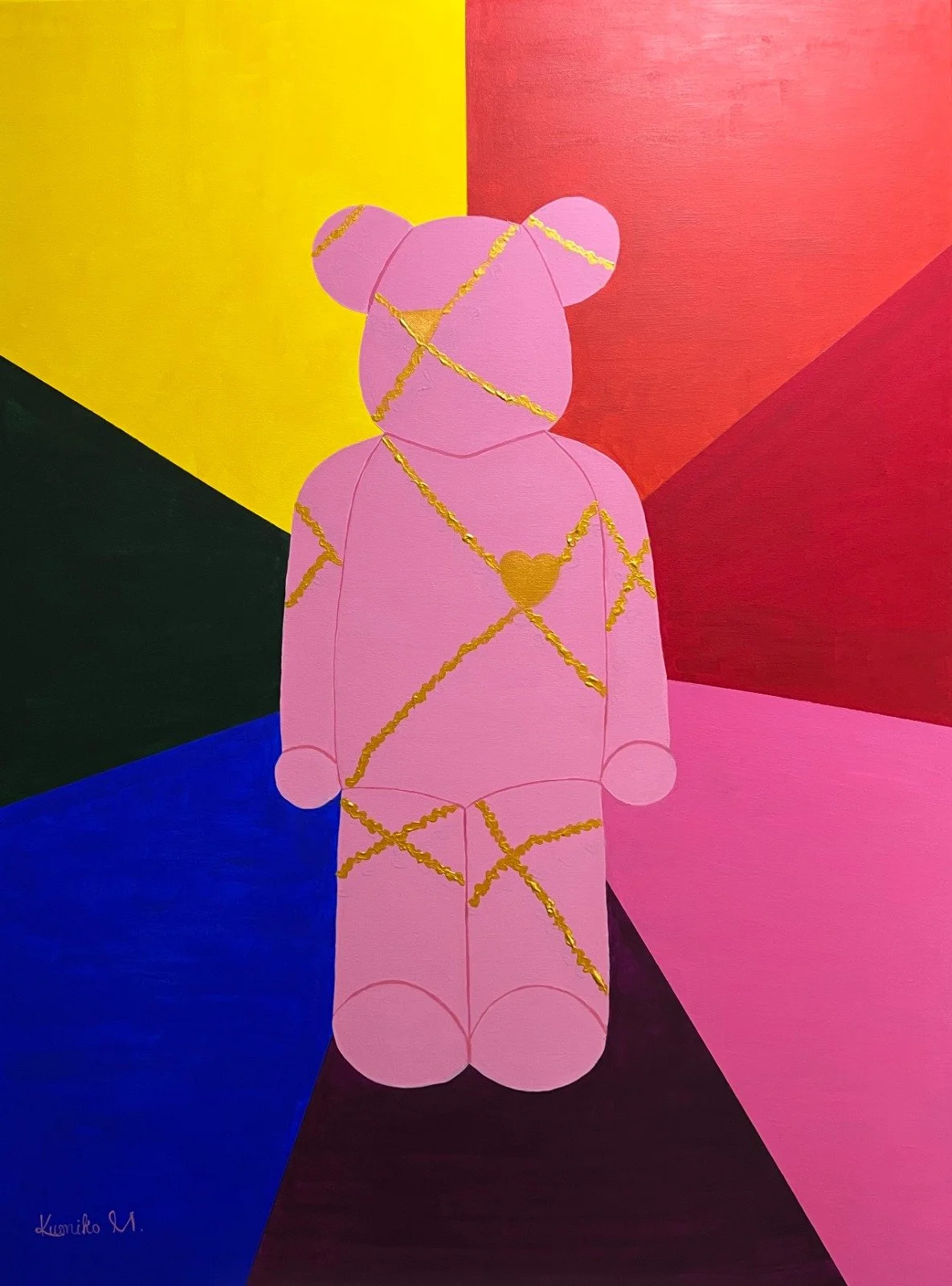 A pink bear with golden paint painted across the body in a 7 rainbow coloured background.