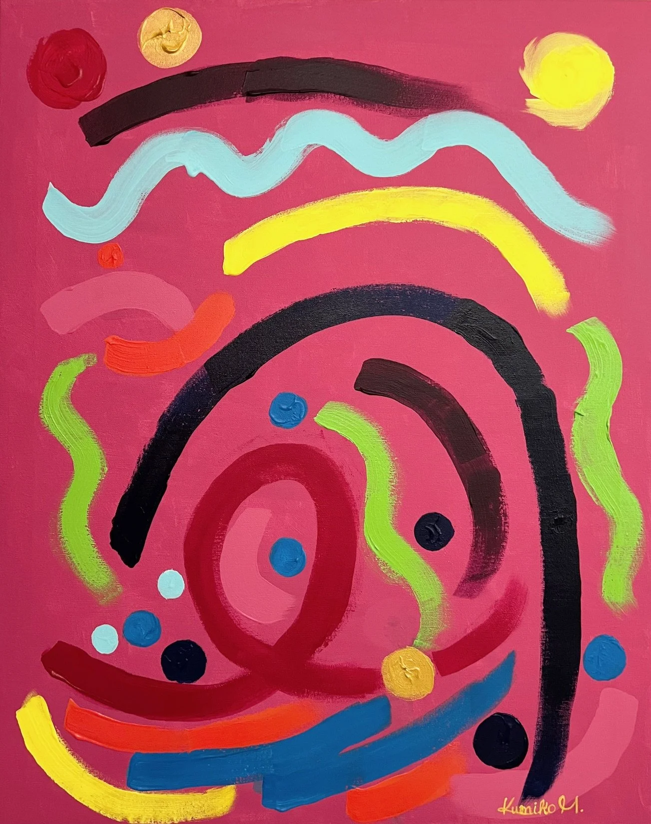 Abstract colorful painting with wavy and curved lines in green, yellow, red, black, blue, and white on a pink background.