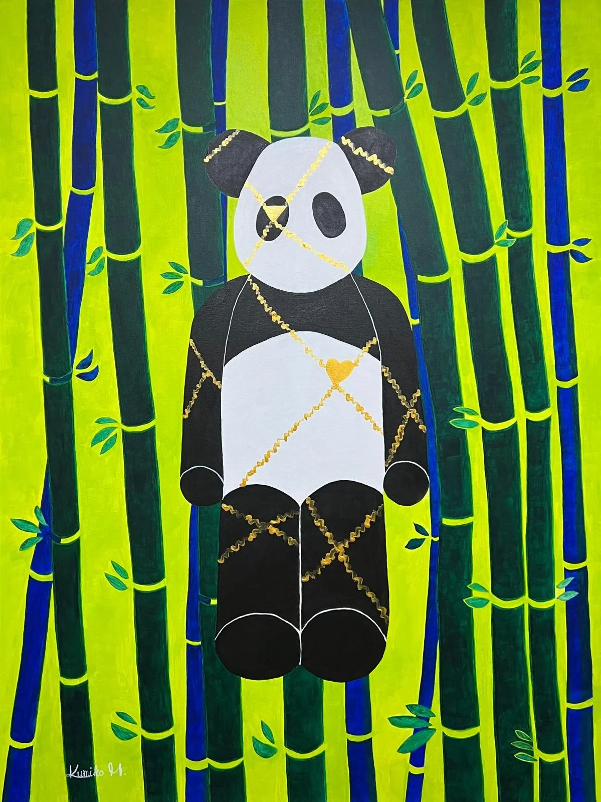 Painting of a panda bear with gold decorative lines on a green bamboo background.