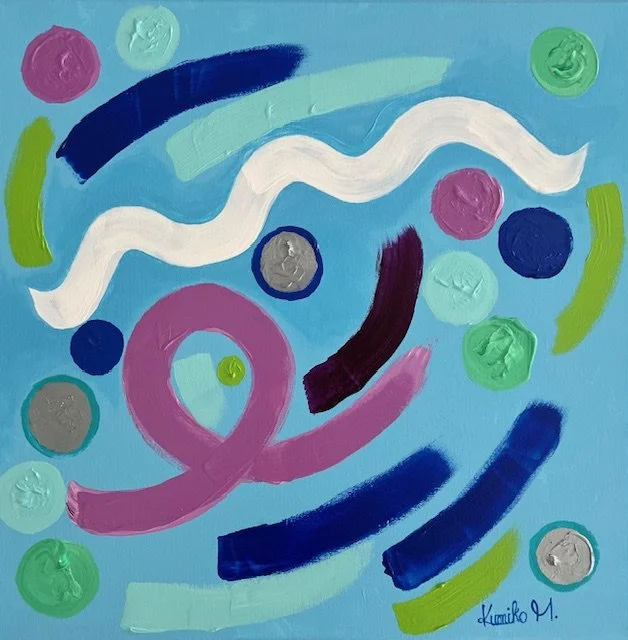 Abstract colorful painting with various curved and circular shapes in shades of blue, pink, green, purple, gray, and white on a light blue background.