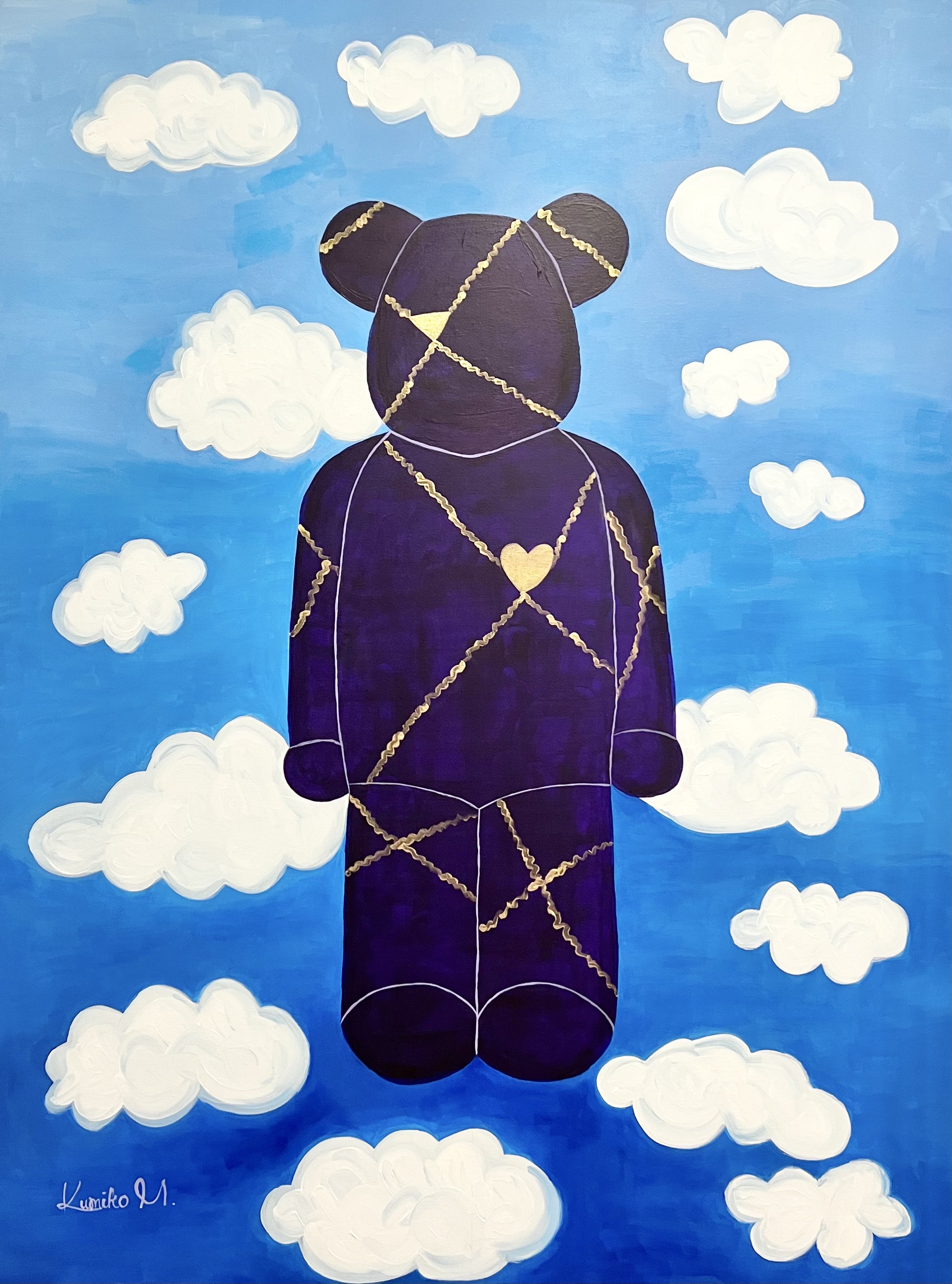 A painting of a bear outlined with gold chains, including a gold heart on its chest, floating among white clouds in a blue sky.