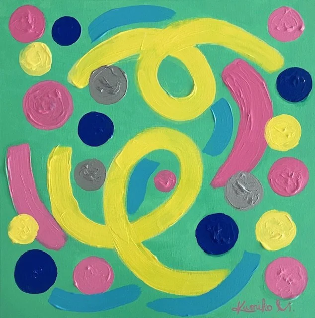 Colorful abstract painting featuring yellow, pink, blue, gray, and dark blue swirls and dots on a green background.