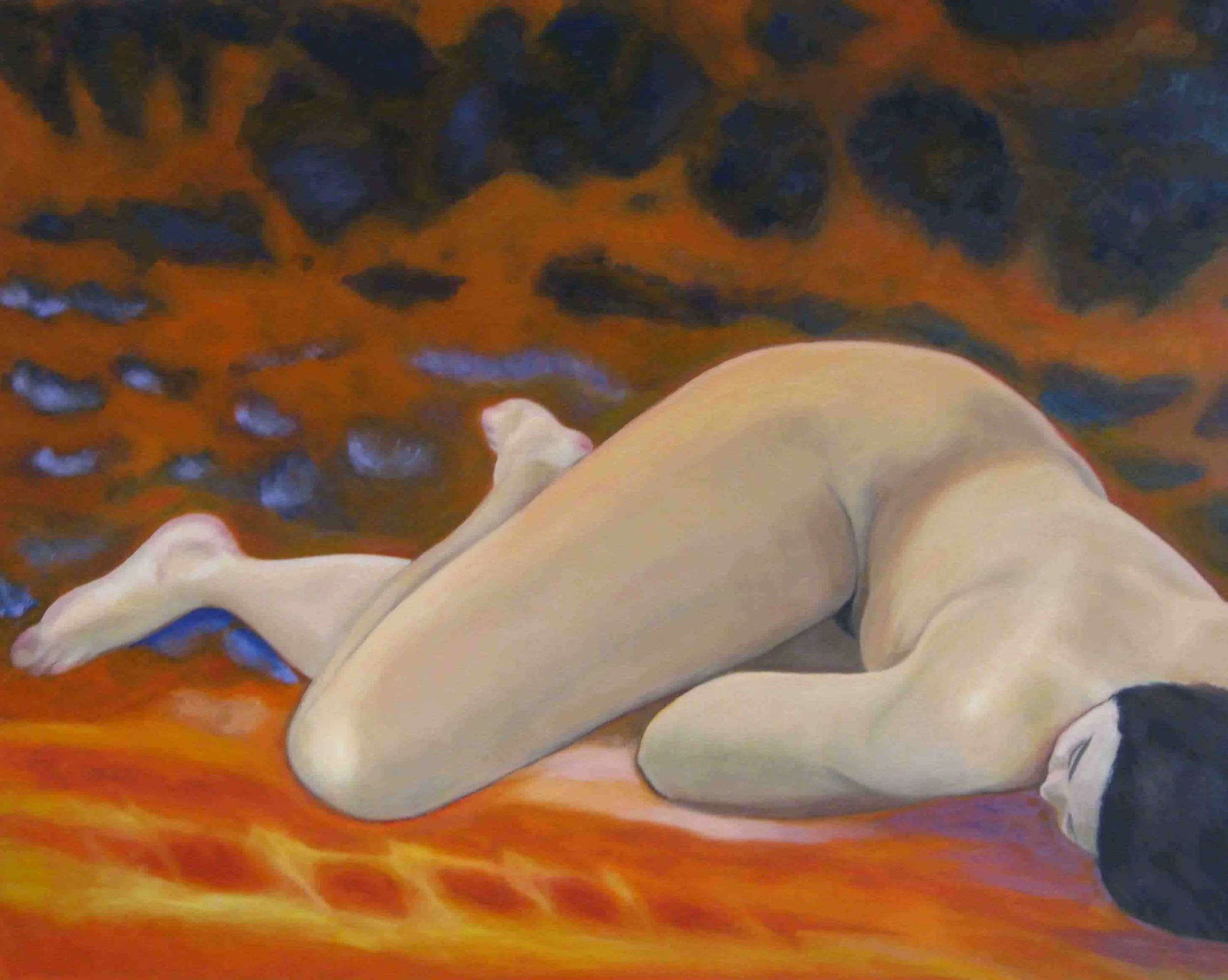 A nude woman lying on her side on an orange and yellow surface with her back facing the viewer, against a dark, abstract background with blue and black patterns.