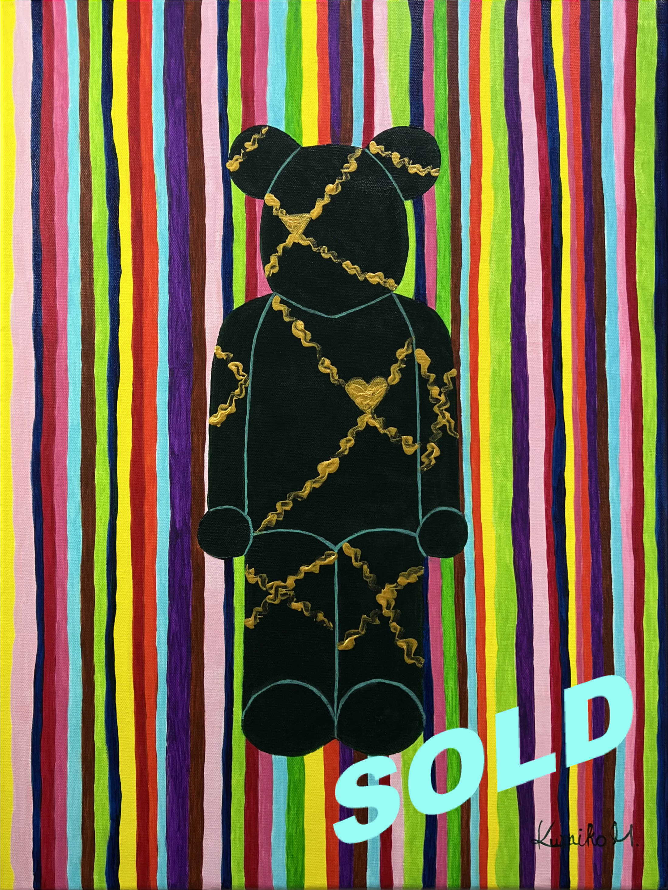 Painting of a black bear with gold decorative lines on a colorful striped background, with a blue 'SOLD' label at the bottom right corner.