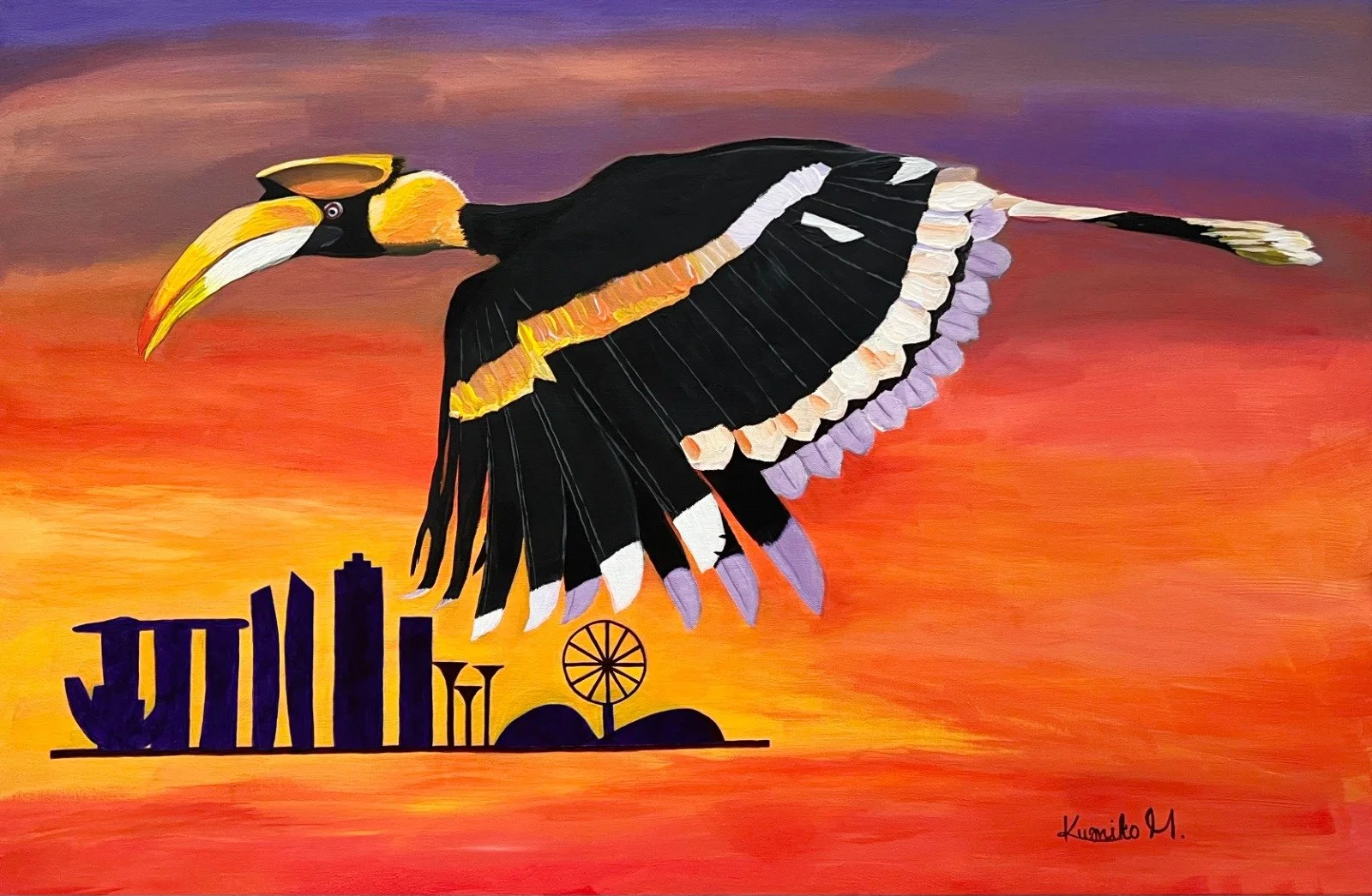 A painting of a large bird with a yellow beak and black and white feathers flying in front of a sunset sky. In the lower left, there is a silhouette of a cityscape with various buildings and a windmill. The artist's signature, Kumiko M., appears in the lower right corner.