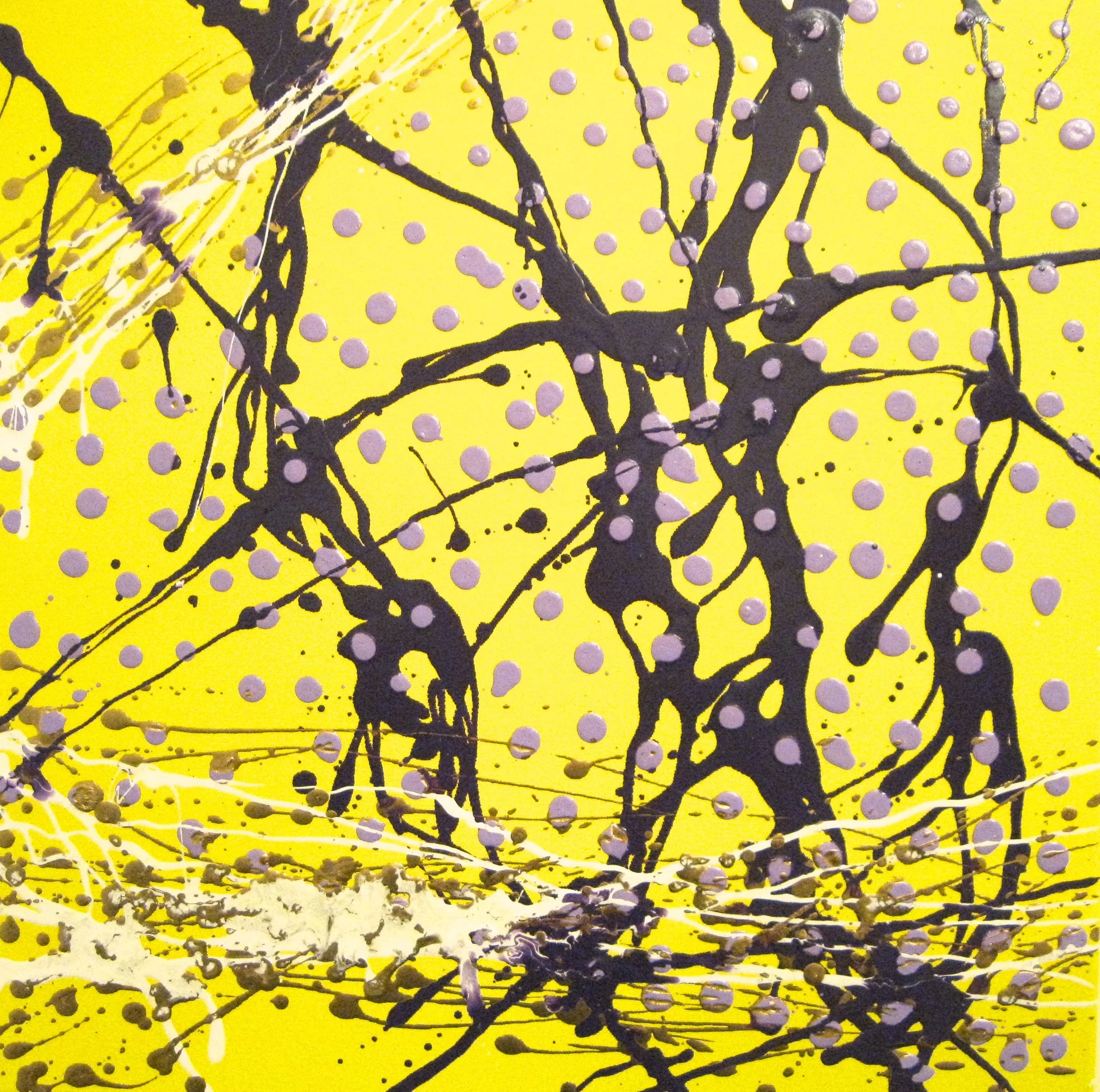Abstract painting with a yellow background, black paint splatters, and purple dots.