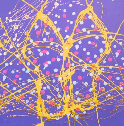 Abstract art with yellow lines and colorful dots on a purple background.