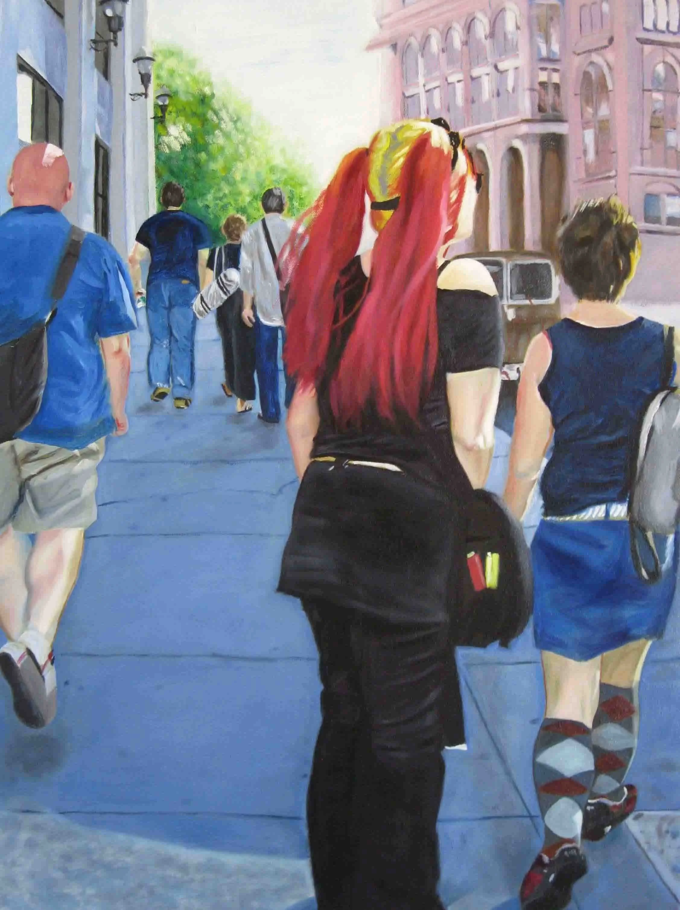 Painting of people walking on a city sidewalk, viewed from behind. The scene includes both men and women, some carrying bags, with a background of city buildings and greenery.