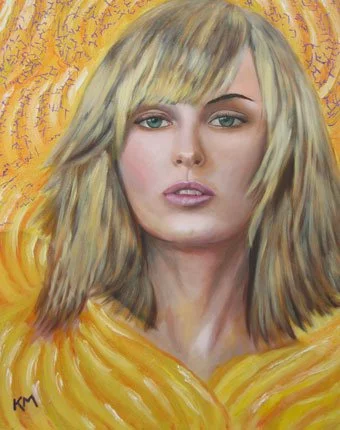 A painted portrait of a young woman with blonde hair and green eyes, surrounded by a vibrant orange and yellow background.