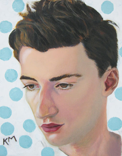 Painting of a young man with short dark hair and fair skin, looking downward, set against a blue polka dot background.