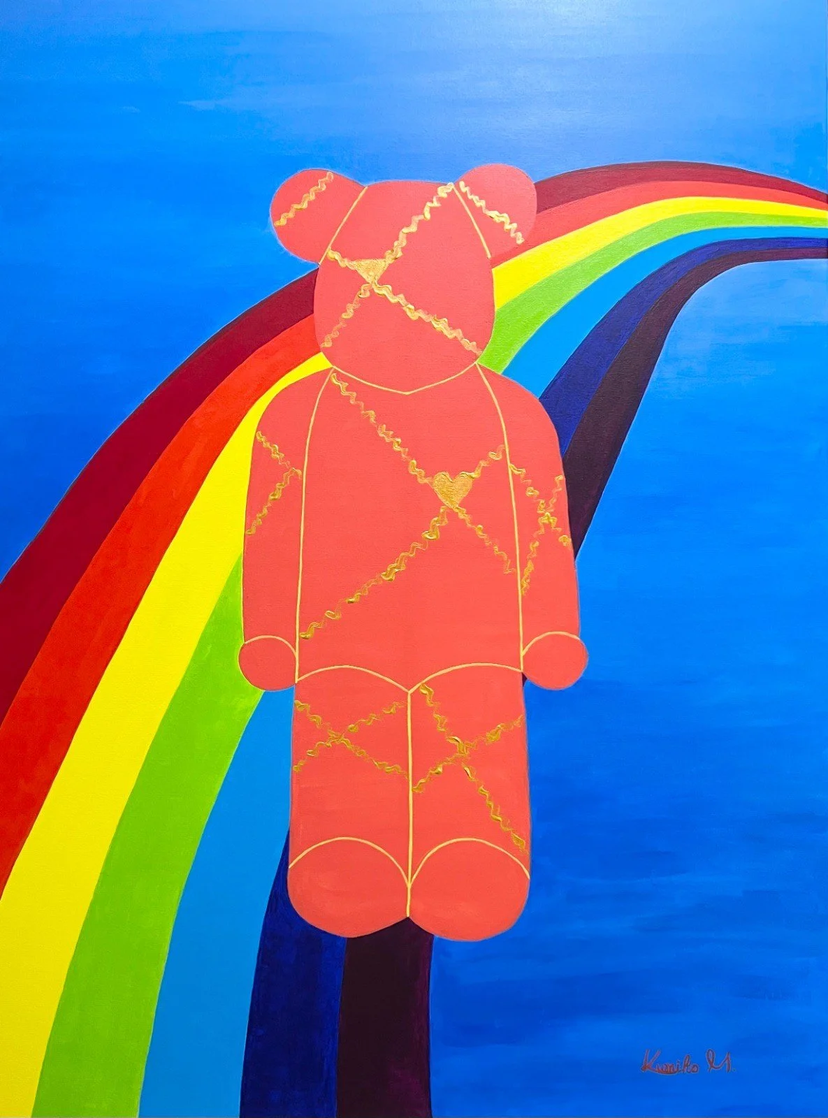 A drawing of a bear made with red, orange, yellow, green, blue, black, and purple colors, with a rainbow in the background. The bear has yellow lines and zigzag patterns across its body.