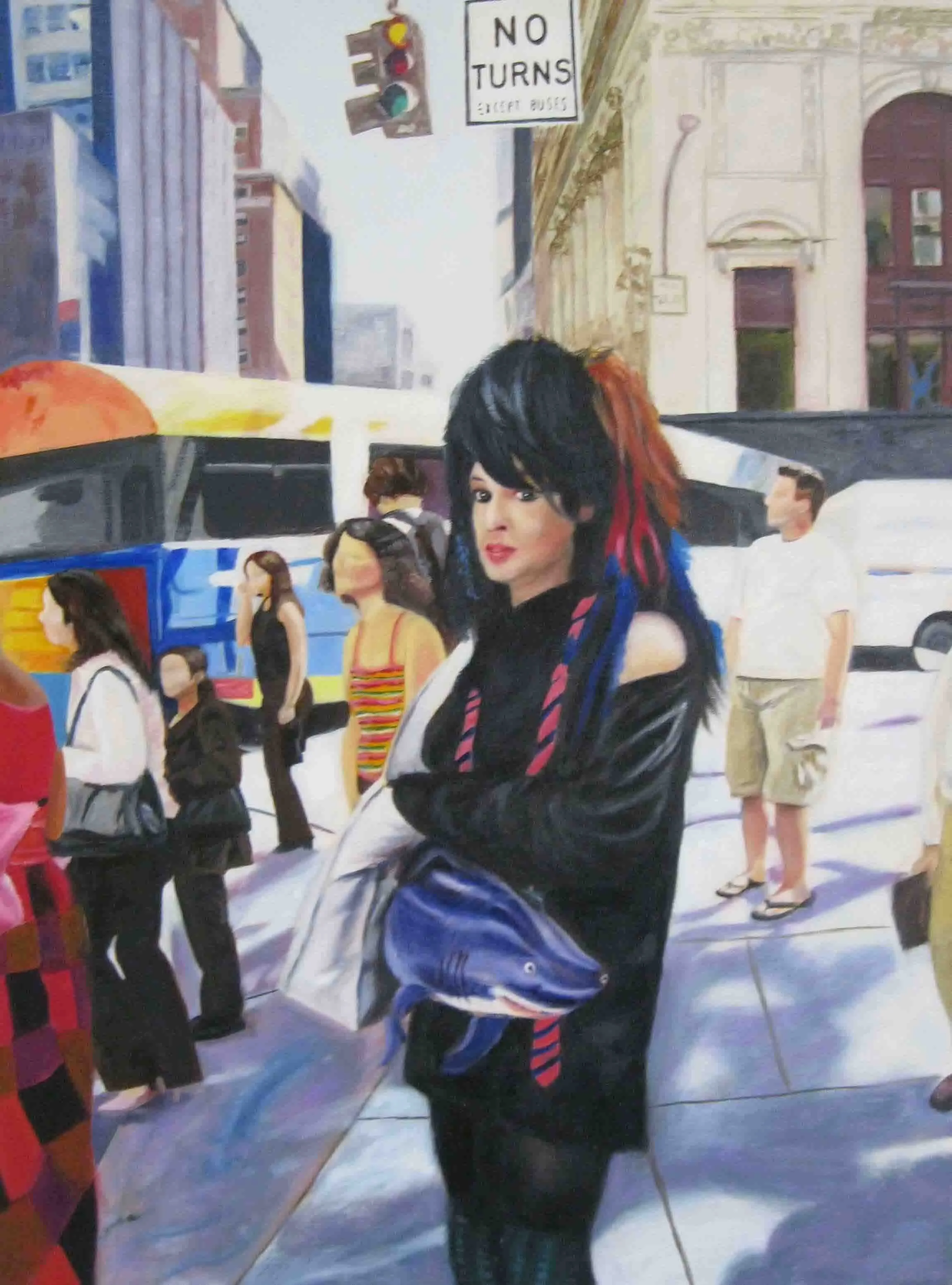A street scene with people waiting at a crosswalk, a woman with black and colored hair holding a fish, and a city background with buildings, a bus, traffic light, and a 'No Turns Except Buses' sign.