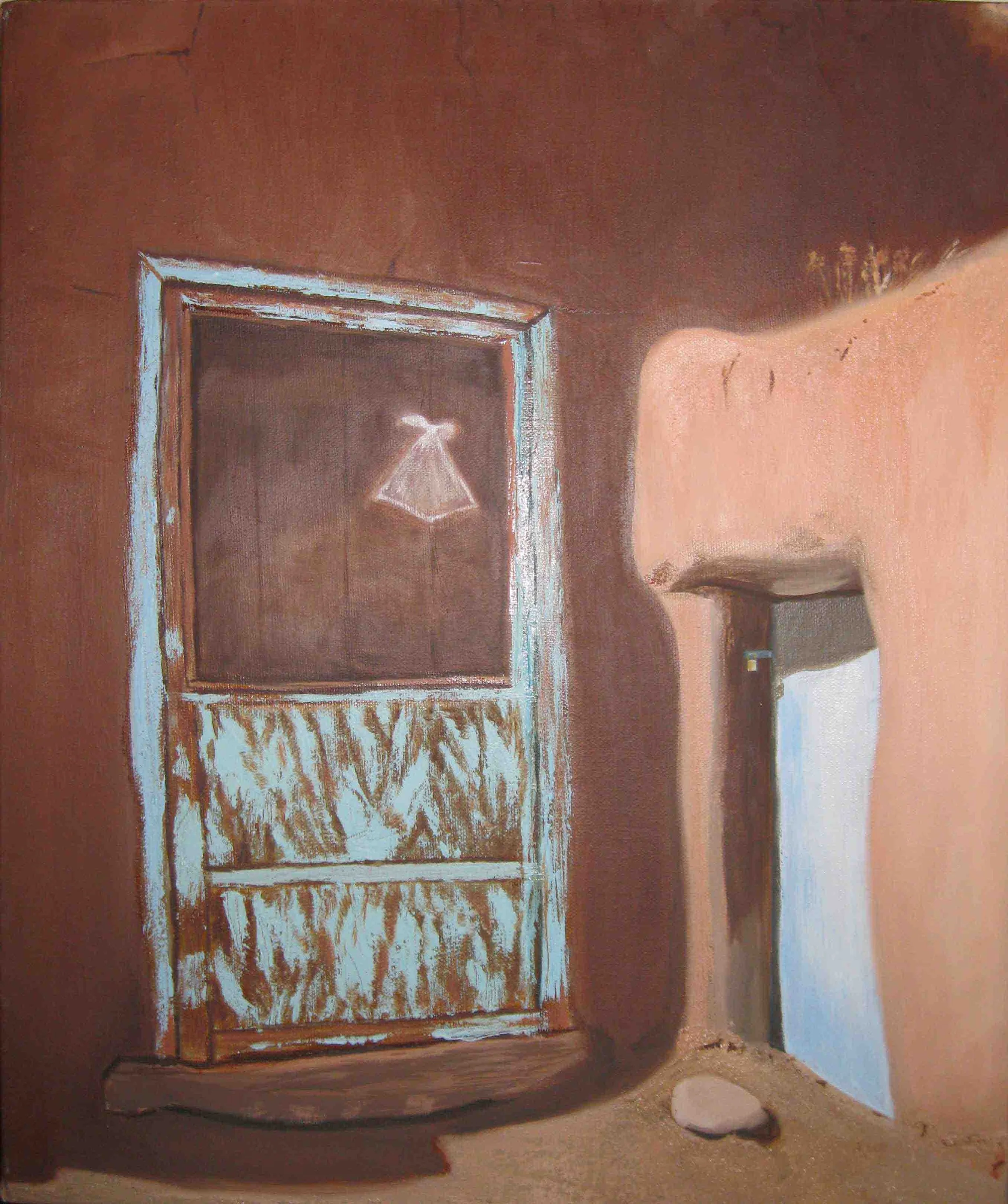 Painting of the exterior of a rustic house with a small window showing a bag and a doorway with a rock on the floor.