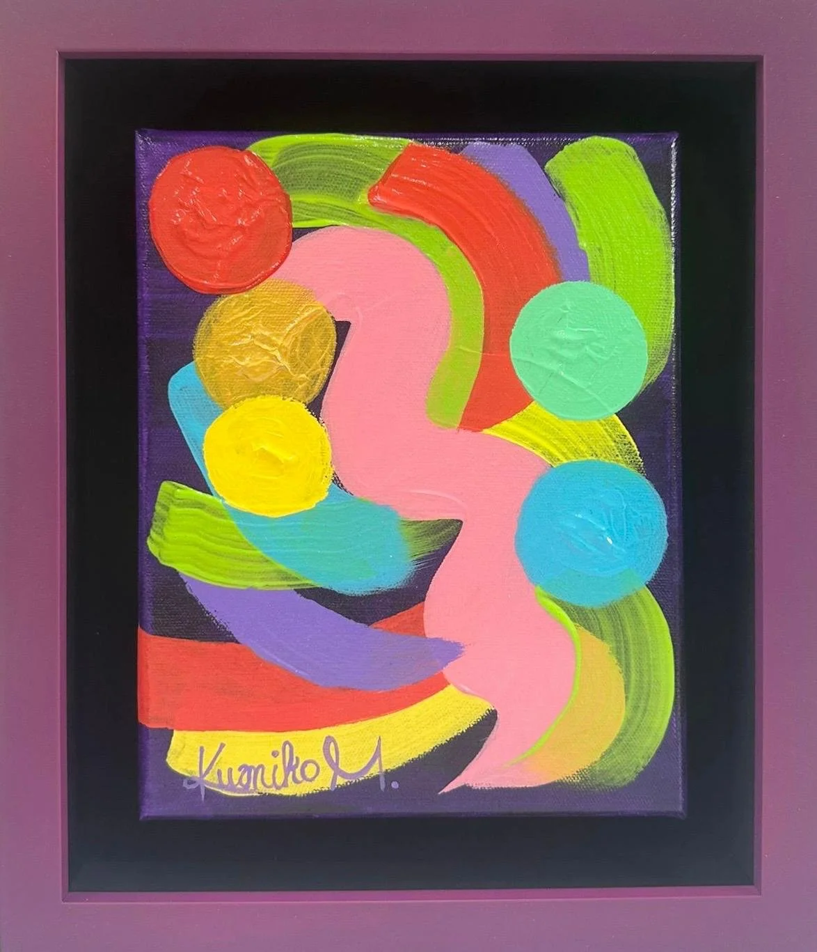 Colorful abstract painting featuring a pink bold S-shaped lines, bright globes of red, yellow, turquoise, and purple, with bold green, red, blue, purple, and yellow brushstrokes and the artist's signature in purple at the bottom.