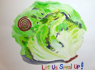 Watercolor painting of a head of lettuce with the phrase "Let us Spiral Up" written below in colorful letters.