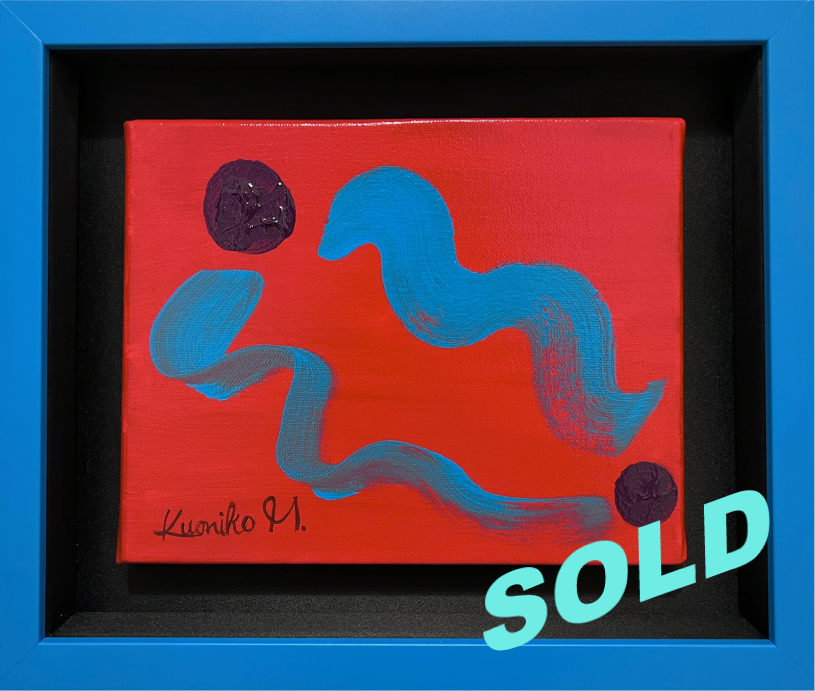 Abstract painting with blue wavy lines, a blue and purple circle, a blue rounded shape, on a red background, signed by Kumiko M., with a blue frame and a 'SOLD' label.