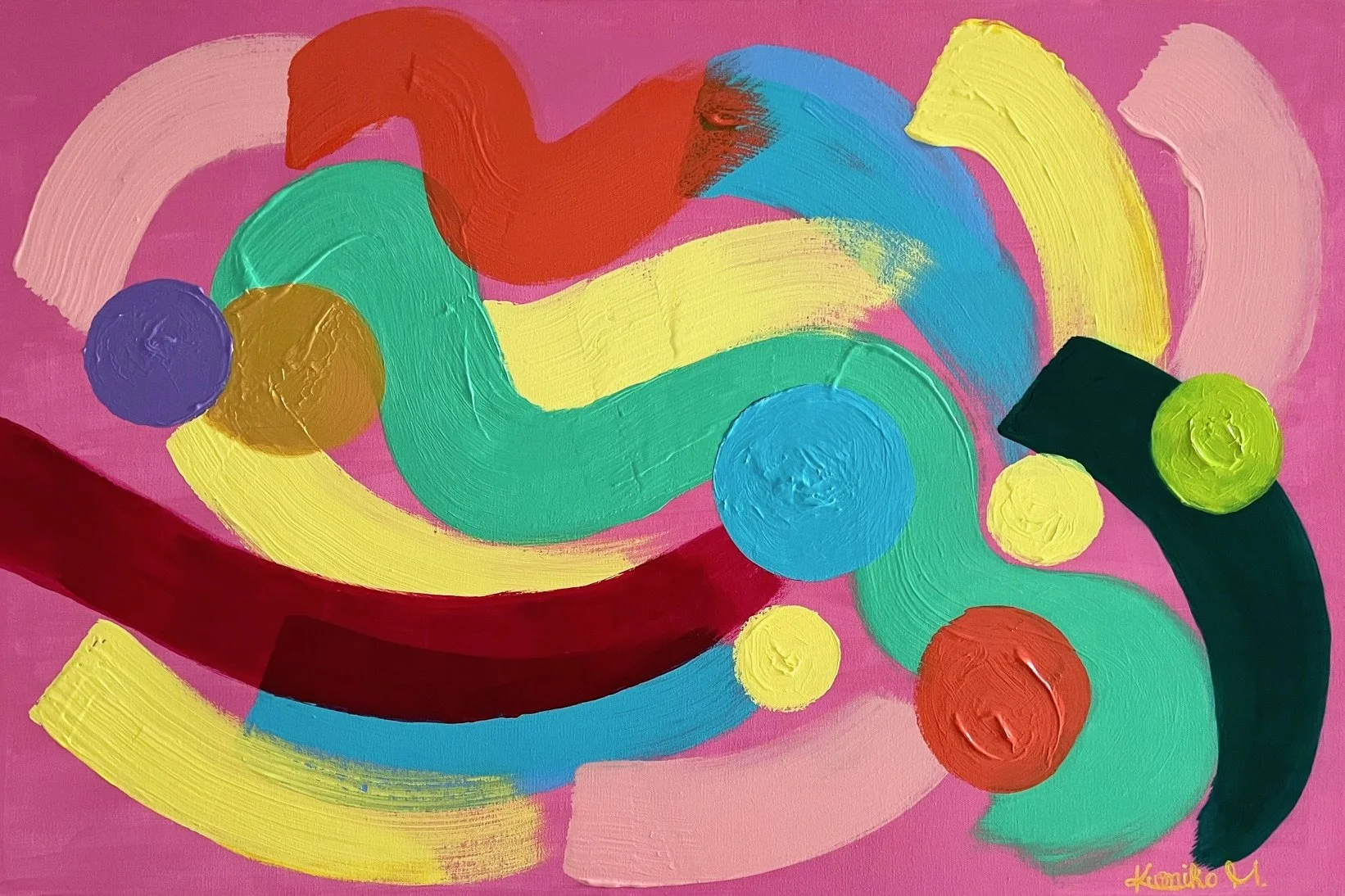 Abstract colorful painting with curved brushstrokes and circular shapes on a pink background.