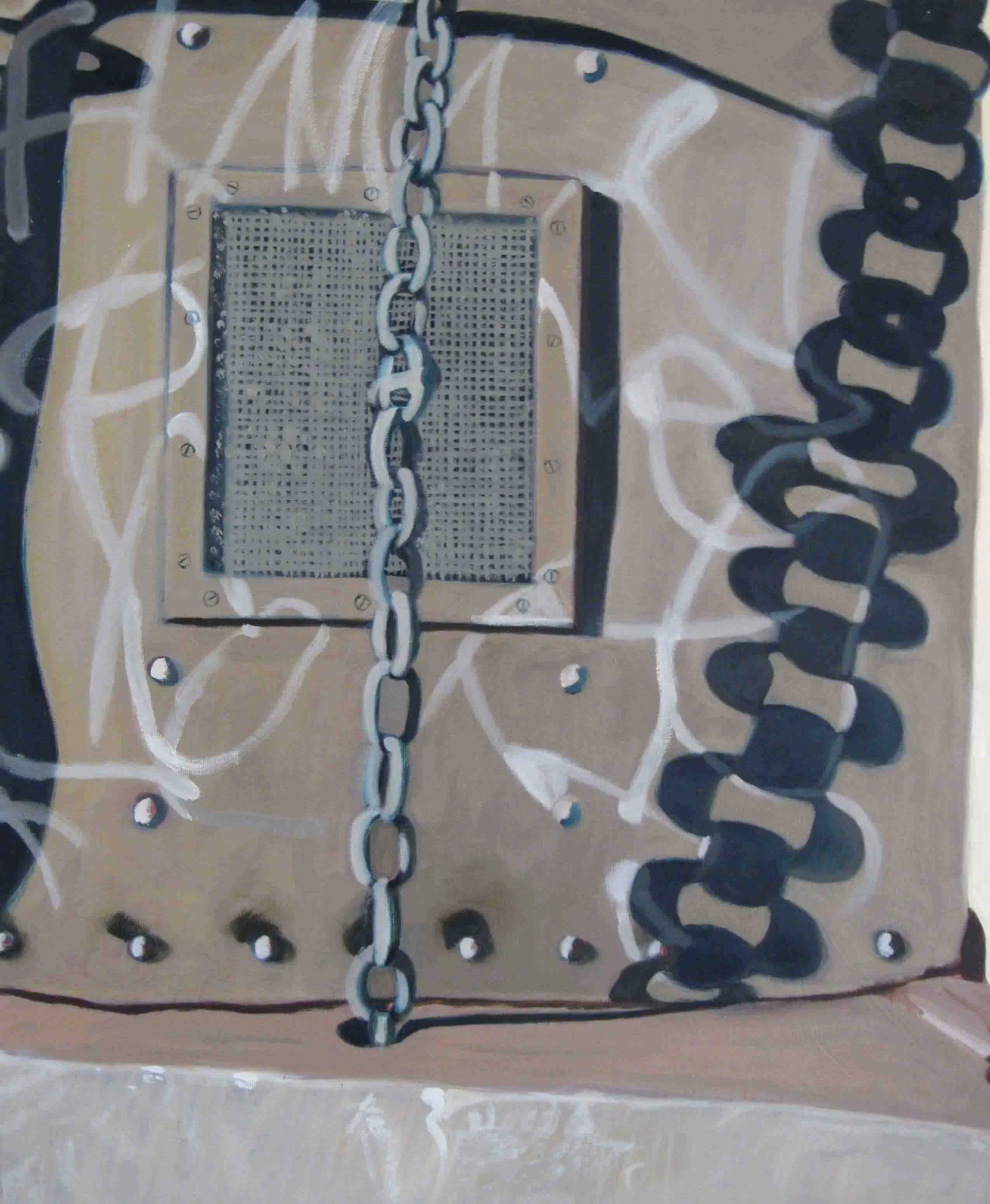 Metallic chain hanging down, mounted on a perforated metal surface with a decorative pattern.