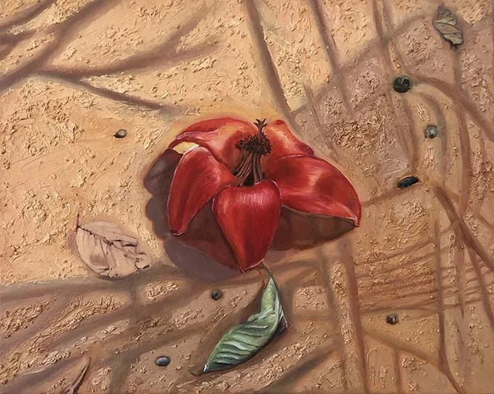 A painting of a red flower with green leaves on a textured beige background with small pebbles and natural patterns.