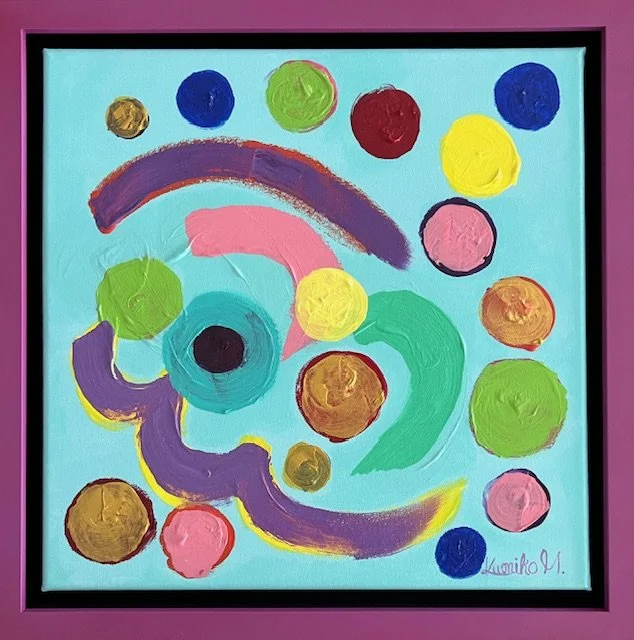 Abstract colorful painting with circles, arcs, and curved shapes on a light blue background, framed in purple.