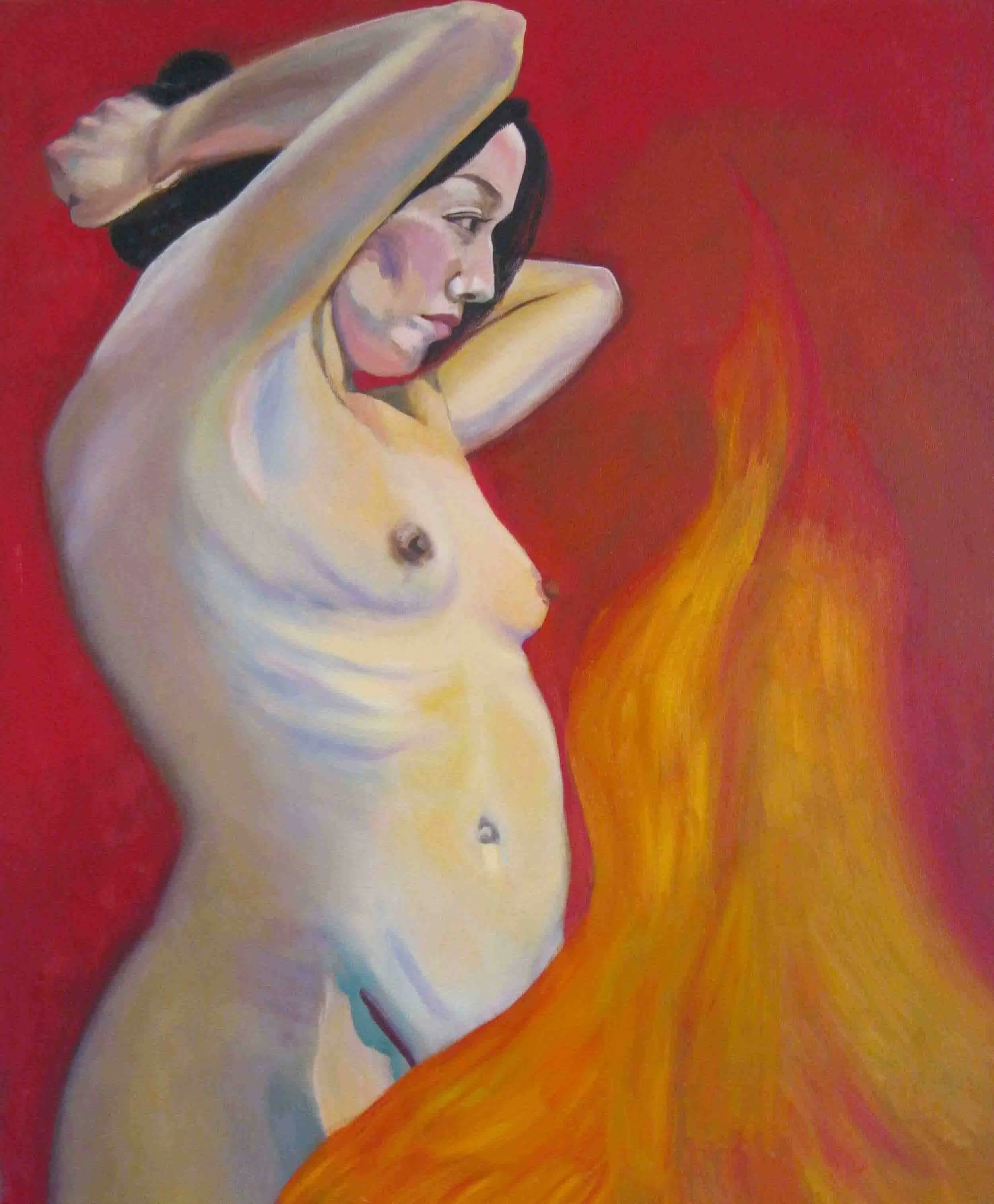 Painting of a nude woman with black hair, standing against a red and orange background that looks like fire, with her arms raised and her head tilted to the side.