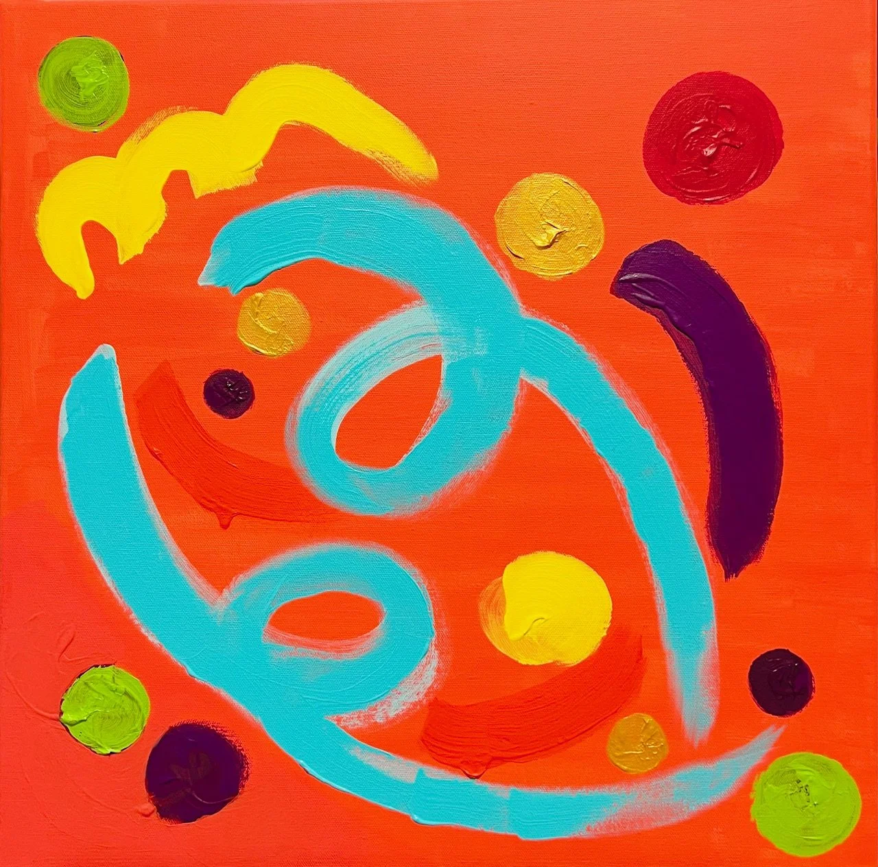 Abstract painting with orange background, large blue swirling lines, yellow, red, green, and purple circular shapes.