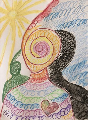 Colorful drawing of a woman with a spiral face, rainbow lines, a green torso, a pink heart, and a background with a yellow sun, blue sky, and clouds.